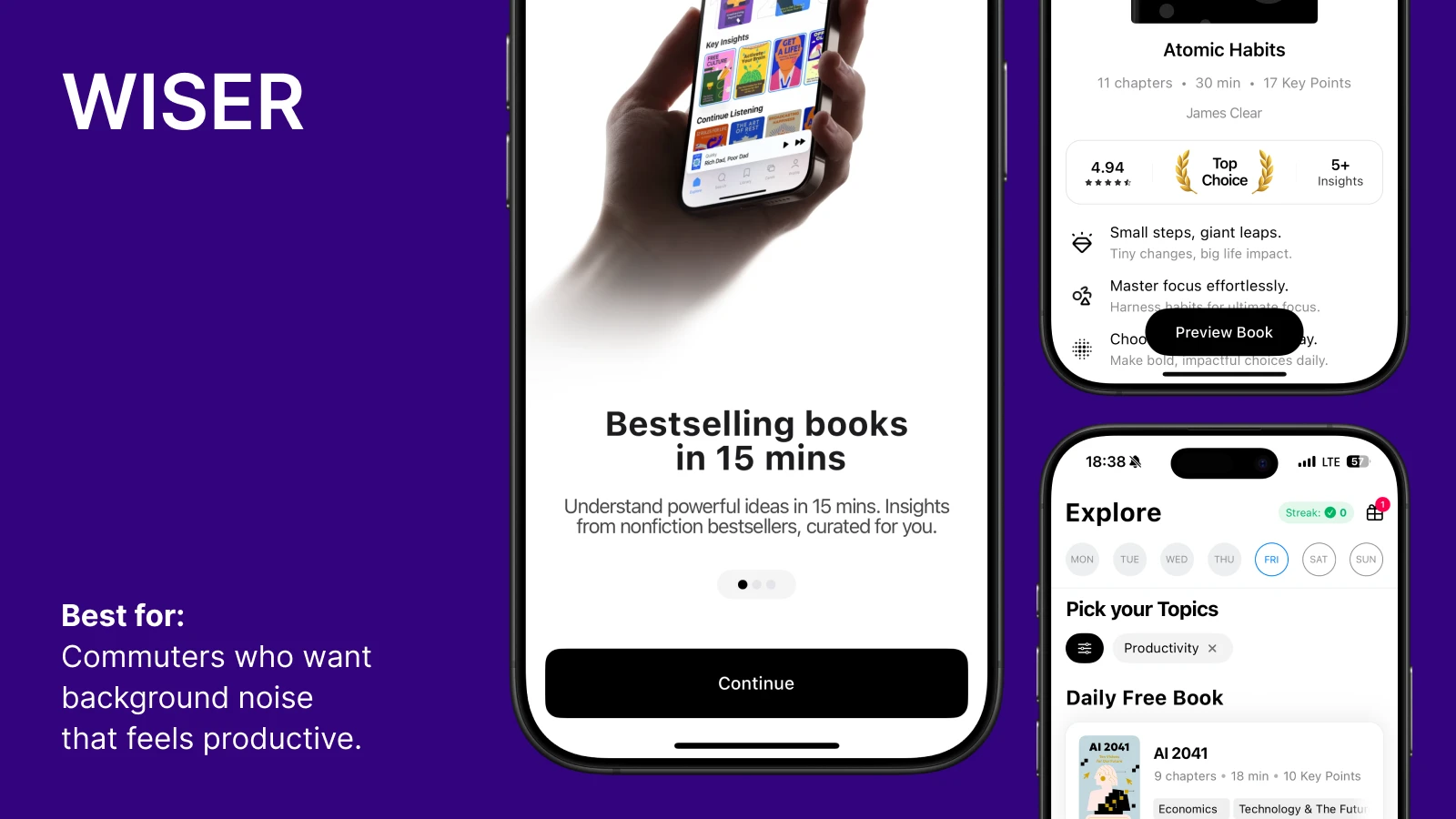Purple background displaying Wiser audiobook app branding for commuters seeking productive background noise