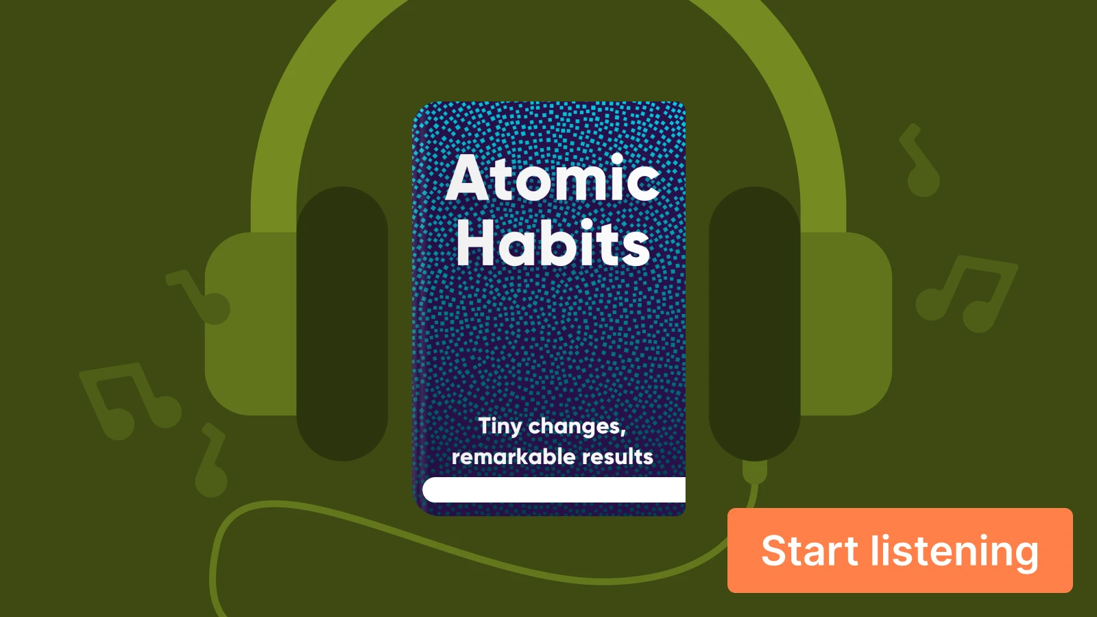 Atomic Habits book cover with green headphone illustration on dark green background for audiobooks