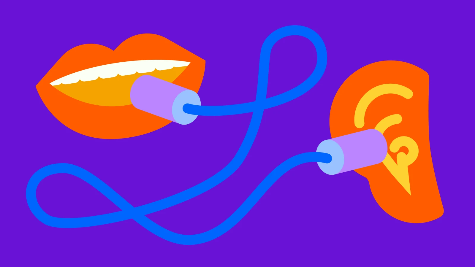 Orange lips connected to orange ear with blue headphone cord on purple background illustrating audio listening and communication