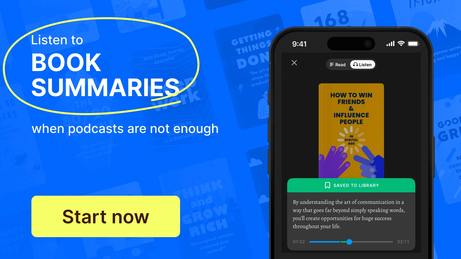 Smartphone screen showing How to Win Friends and Influence People summary with blue background of book covers, promoting book summaries as an alternative to science podcasts