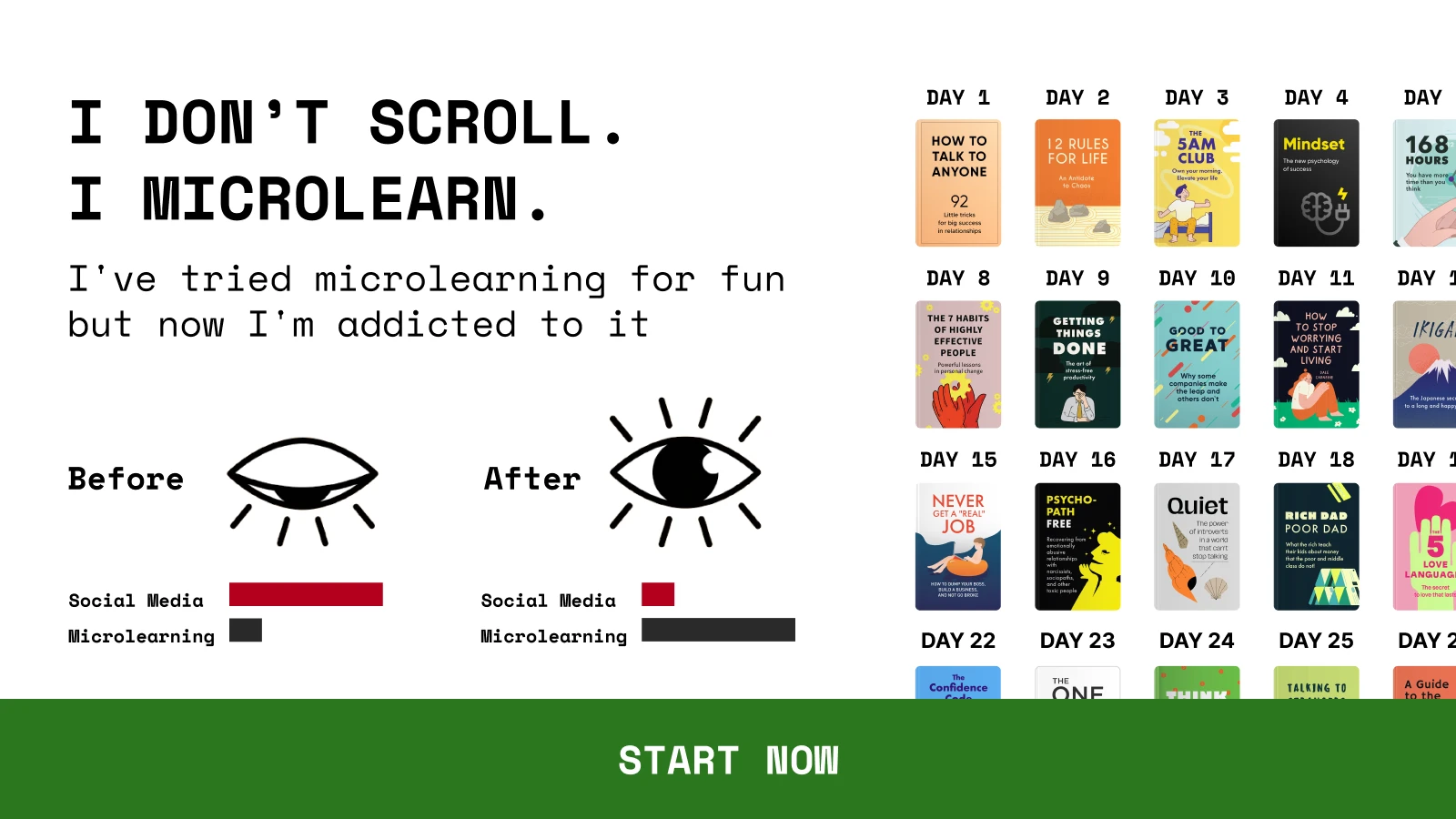 Microlearning habit transformation showing before and after eye illustrations with daily book recommendations calendar on white background 1x