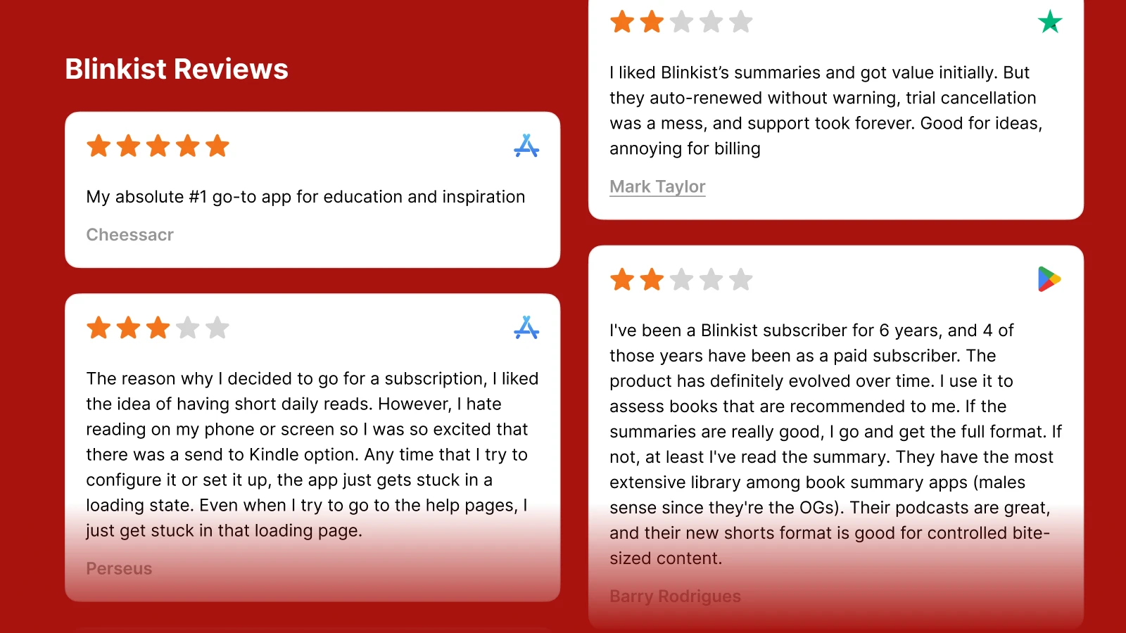 Blinkist review section displaying customer testimonials with star ratings on red background