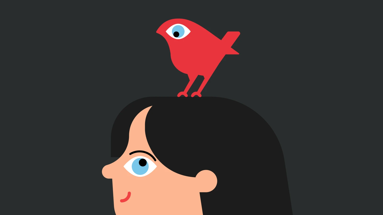 Person with black hair and blue eyes looks up at red mockingbird on gray background for The Timeless Legacy of _To Kill a Mockingbird_