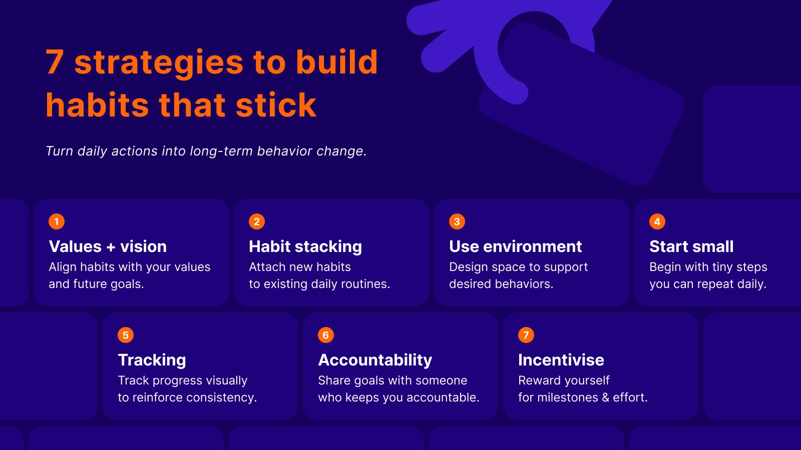 Seven habit formation strategies on dark purple background showing how to build new habits that stick