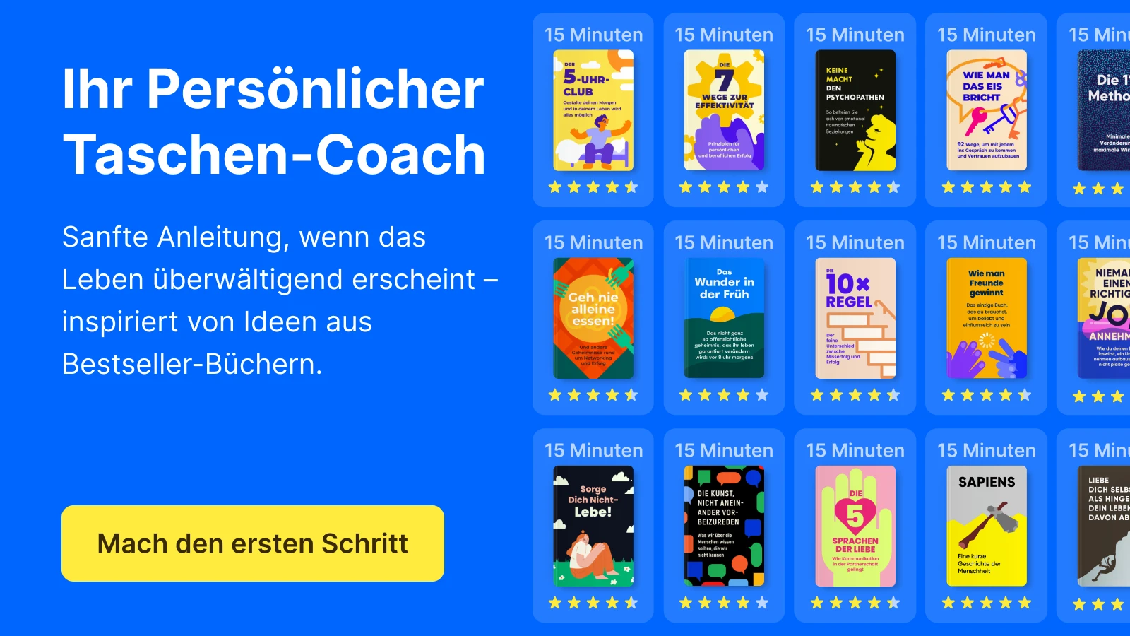 Headway App Interface mit Buchcovern für persönliche Entwicklung auf blauem Hintergrund und Text Ihr Persönlicher Taschen-Coach