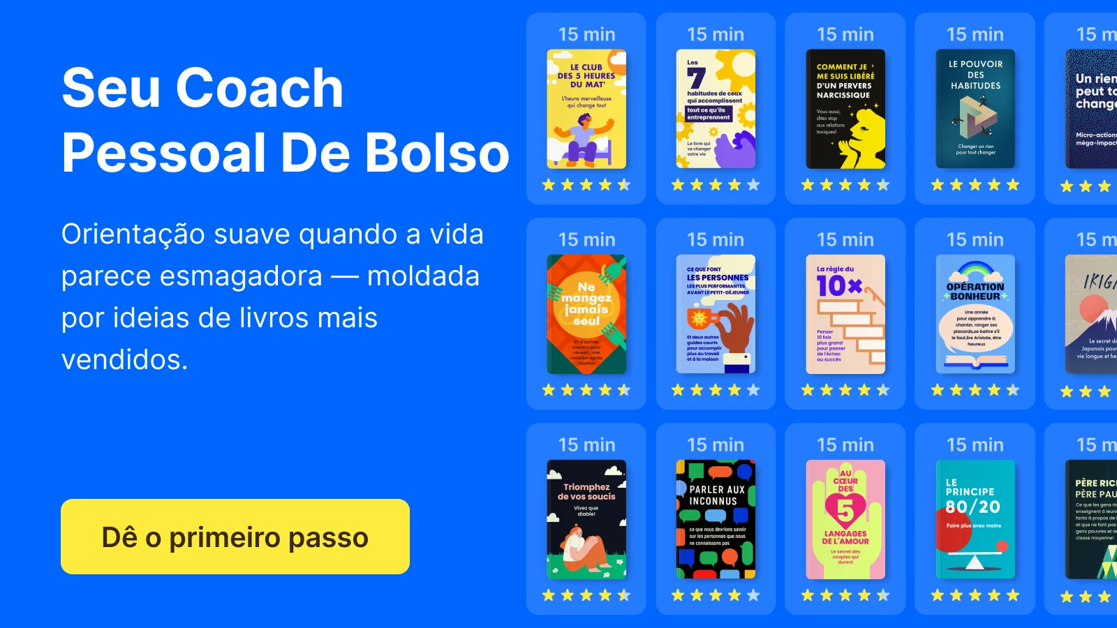 Interface do app Headway exibindo capas de livros de desenvolvimento pessoal em fundo azul com texto Seu Coach Pessoal De Bolso