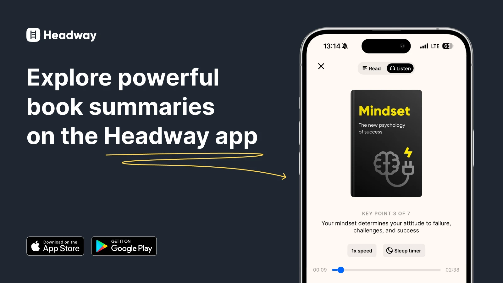 Headway app promotional banner with smartphone mockup displaying Mindset by Carol Dweck book summary, App Store and Google Play buttons on dark blue background