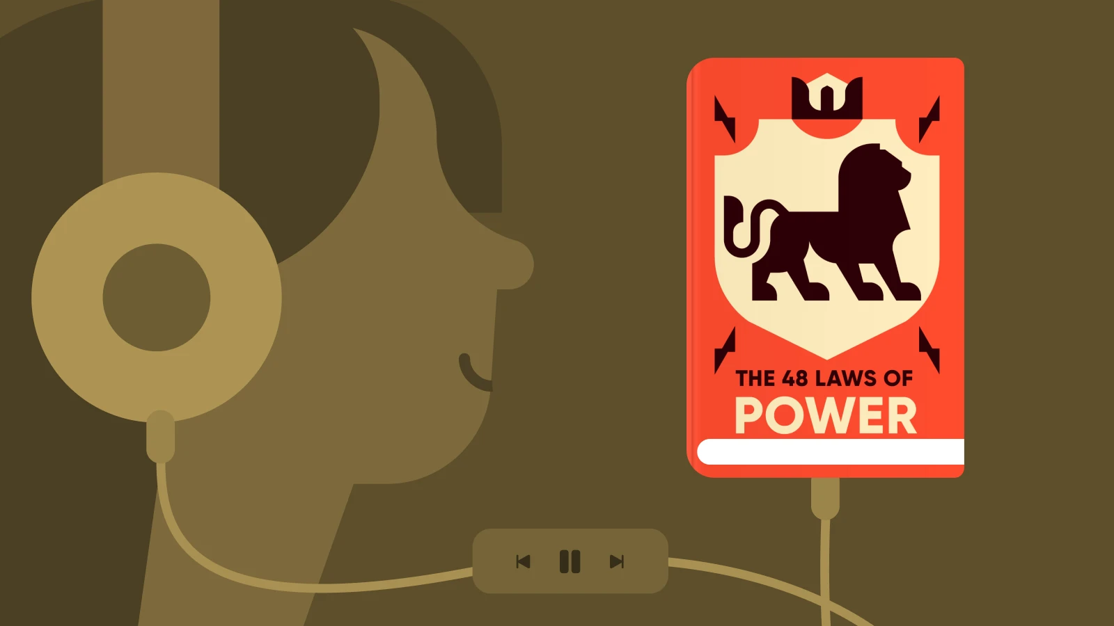 The 48 Laws of Power nonfiction audiobook displayed on stand with golden headphone silhouette on olive background