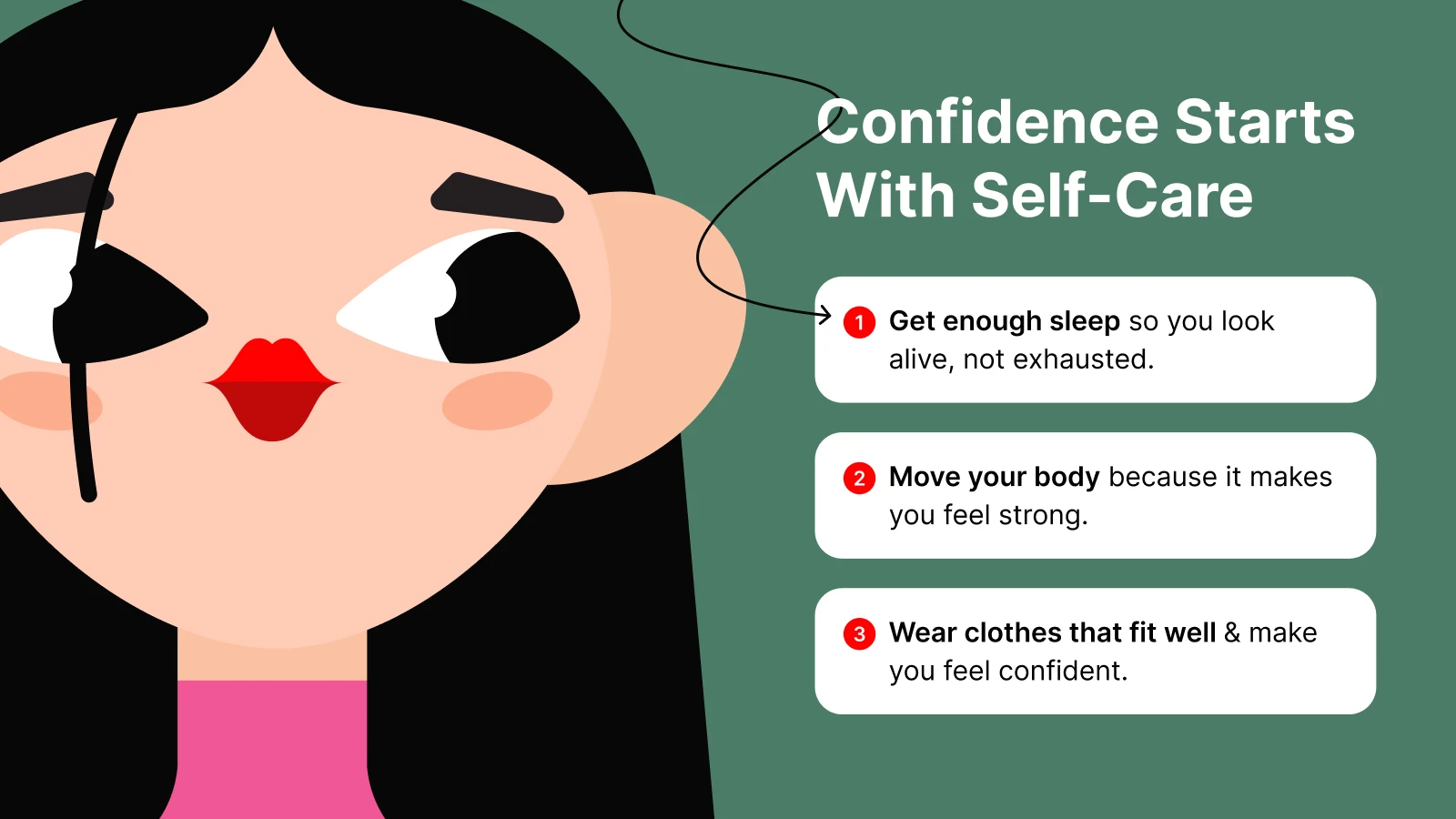 A character with long black hair, wearing a pink top, gazing confidently ahead The illustration emphasizes the character’s facial features and posture 1x