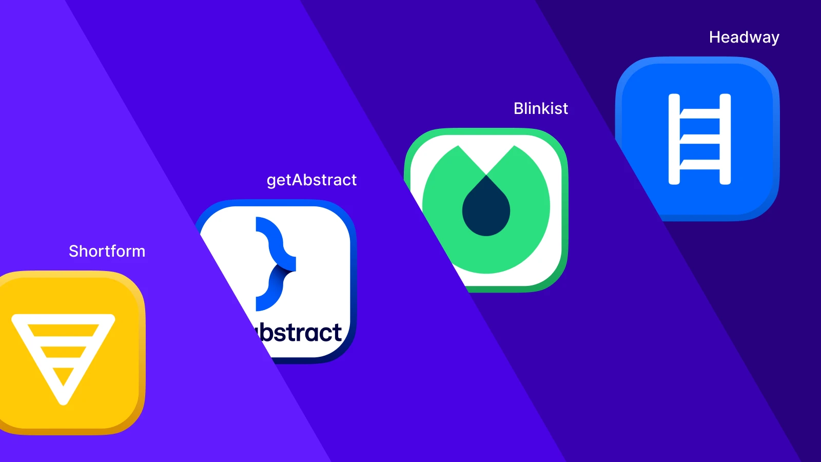 Book summary apps comparison showing Shortform, getAbstract, Blinkist, and Headway logos on purple background with geometric shapes