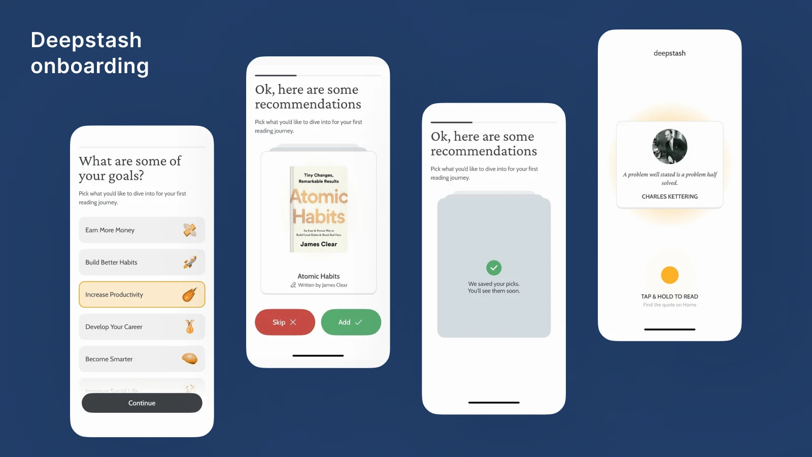 Three Deepstash app onboarding screens showing goal selection, book summary recommendations including Atomic Habits, and user profile setup