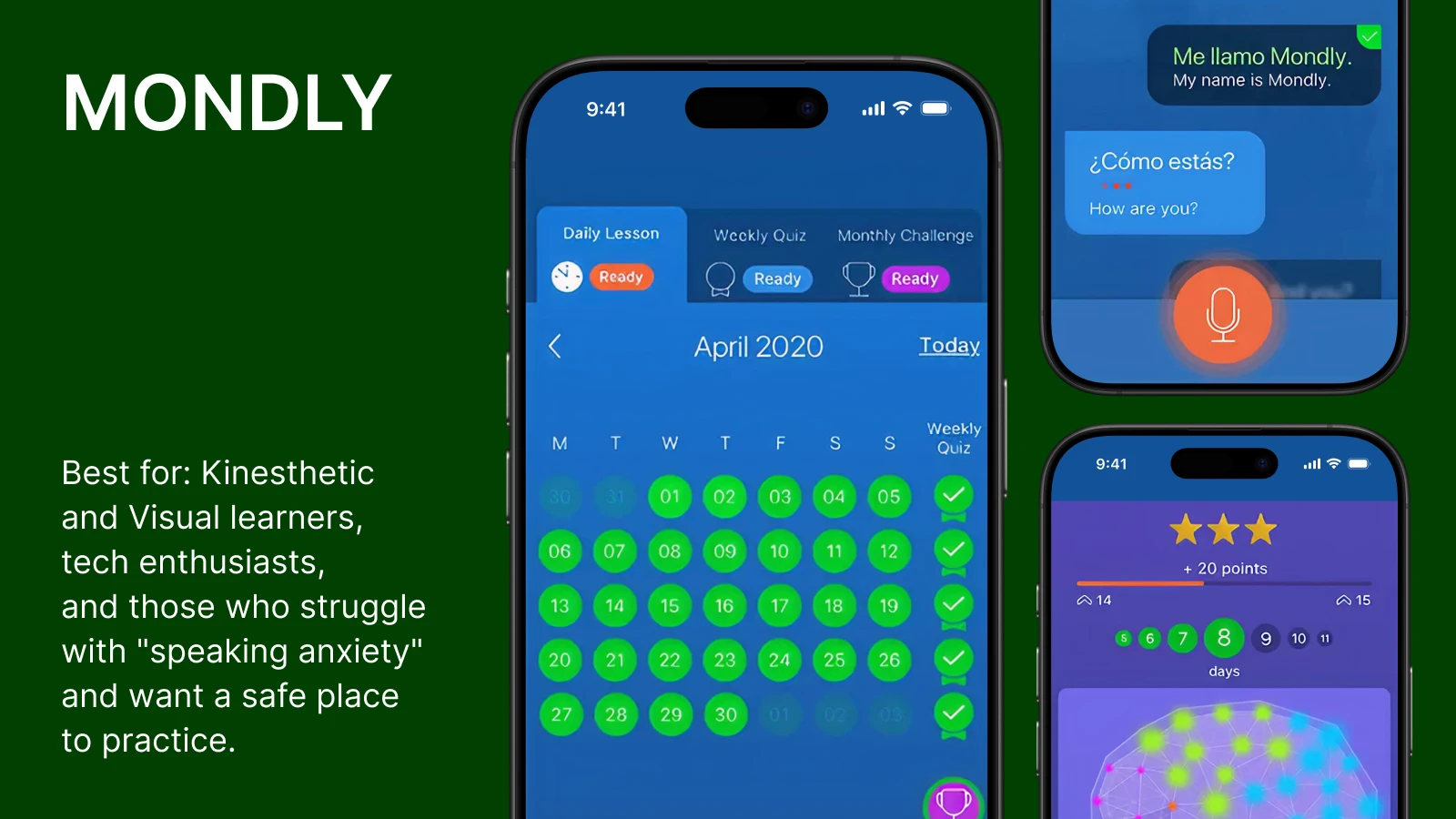 Mondly language learning app interface showing calendar progress tracker and chat features on dark green background 1x