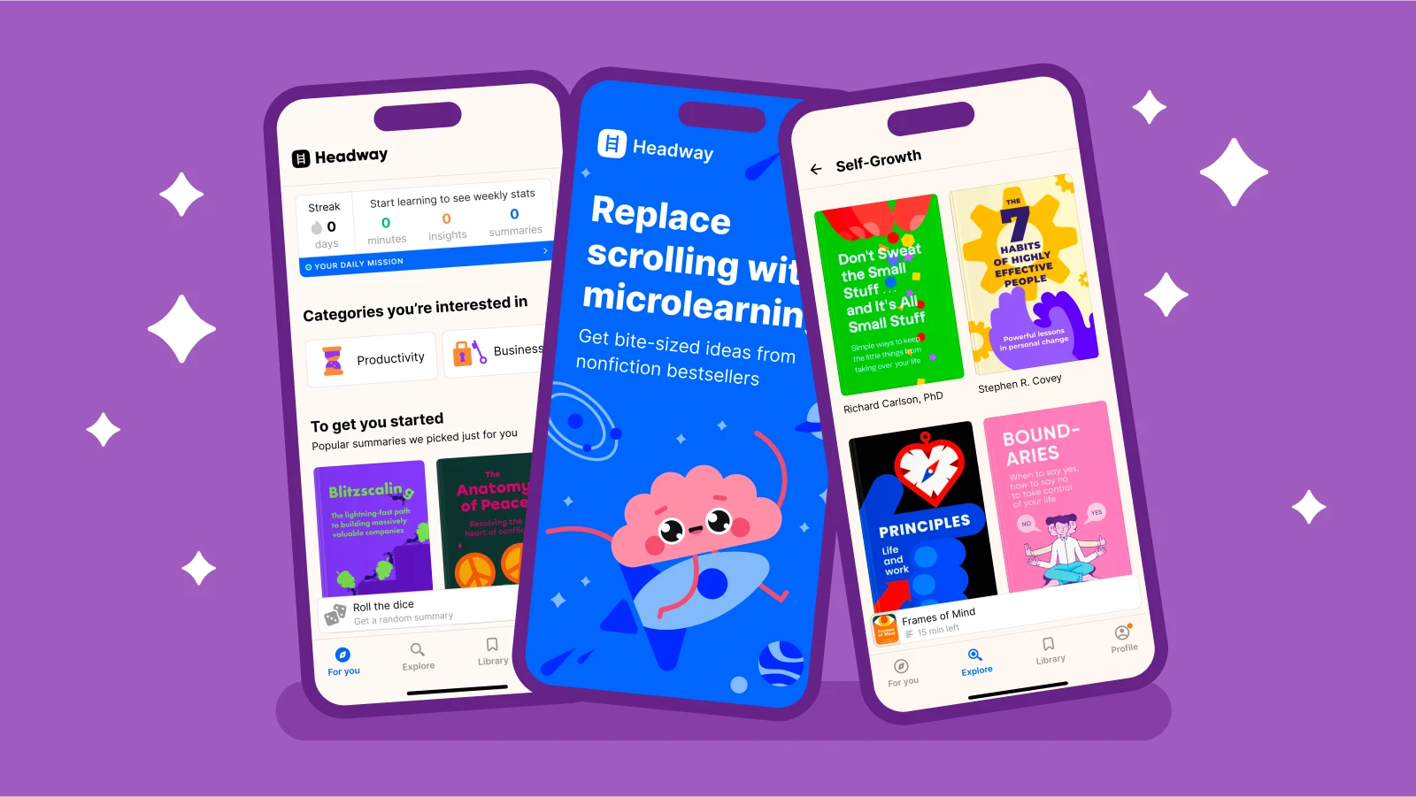 bubbly personality - Headway app screens showing self-growth summary covers, main screen and user page