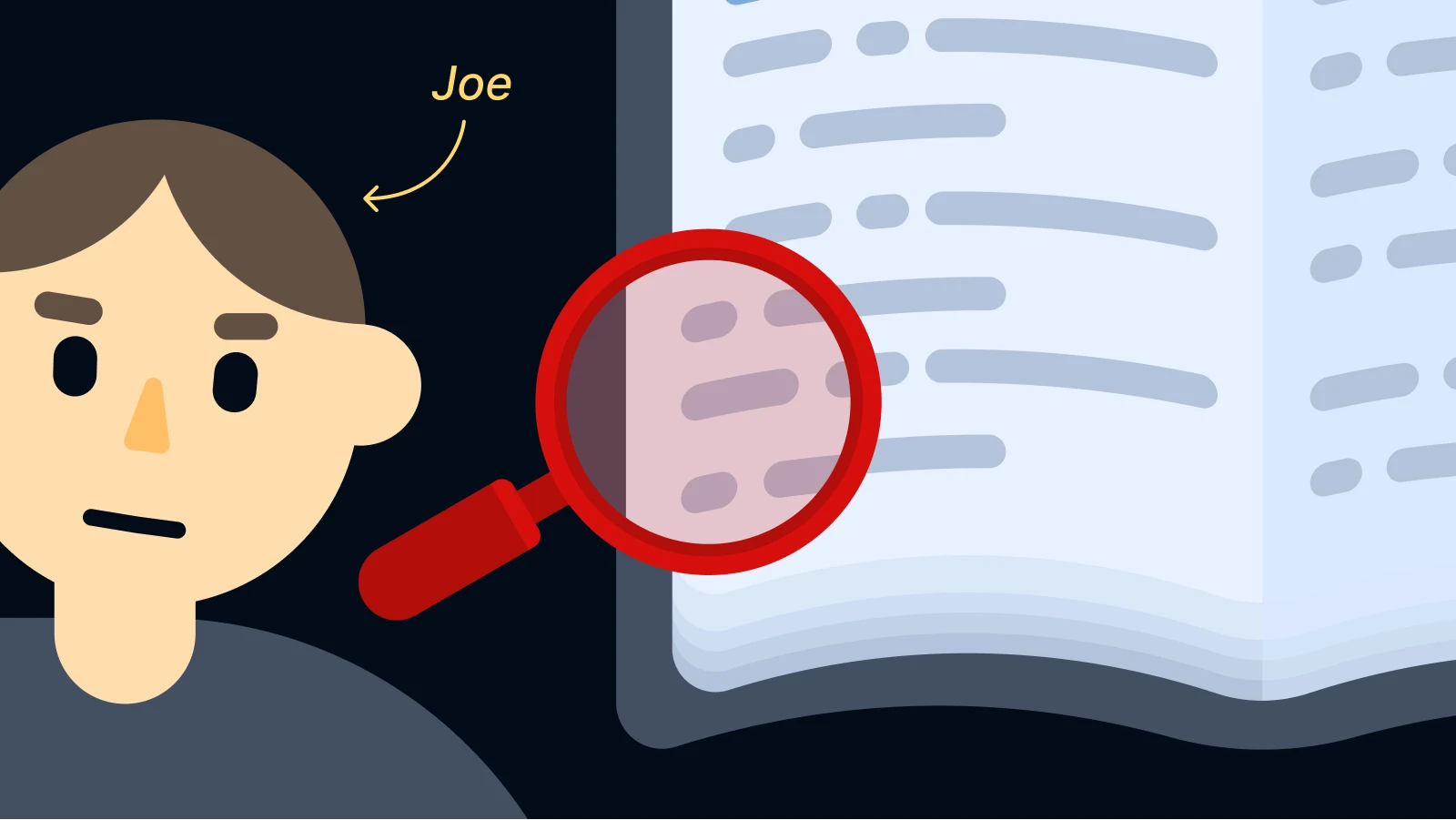 Cartoon man labeled Joe beside open book with magnifying glass, from The Life We Bury review