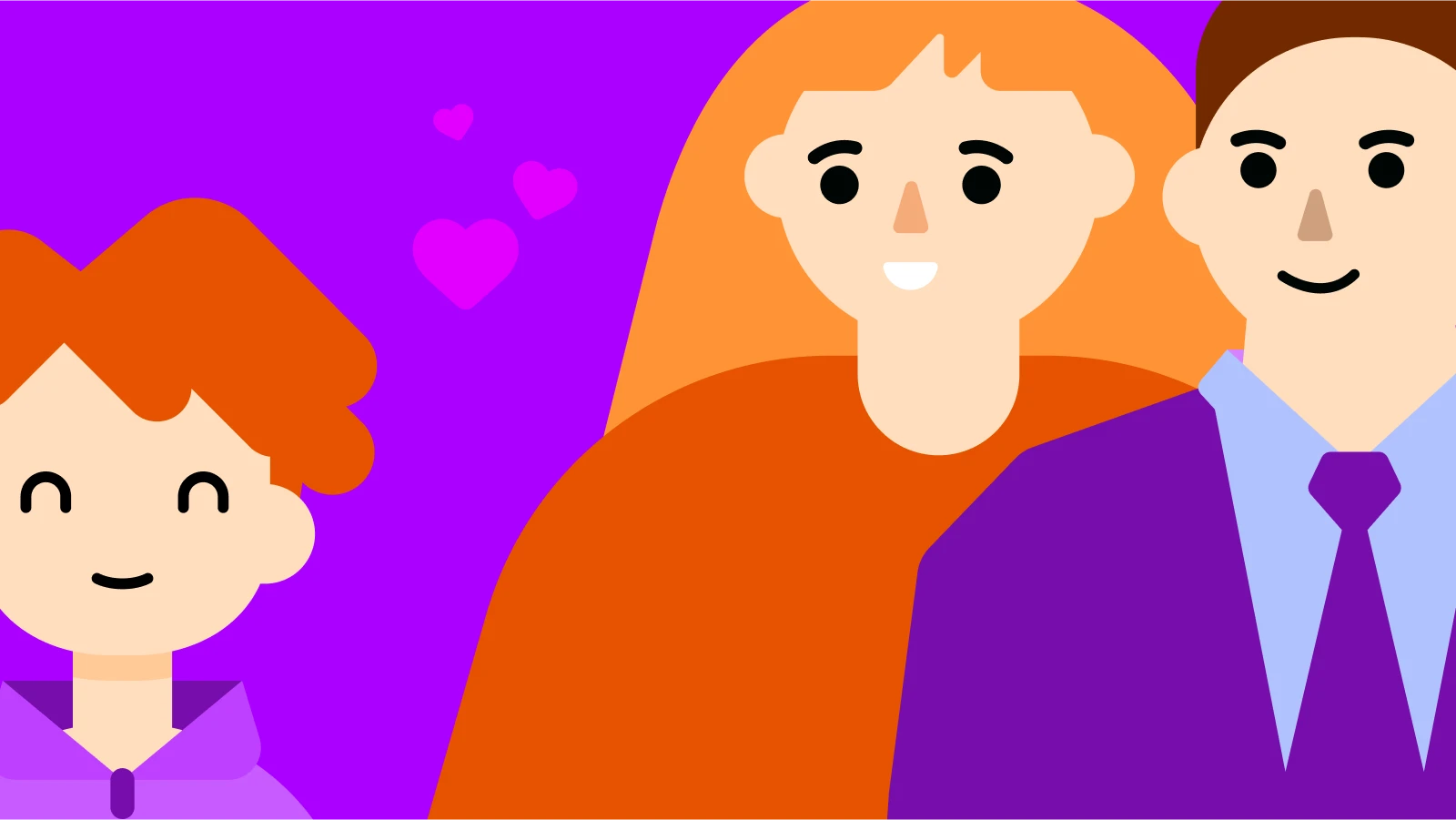 Cartoon characters of a child, mother, and father with hearts, symbolizing parenting books and raising boys