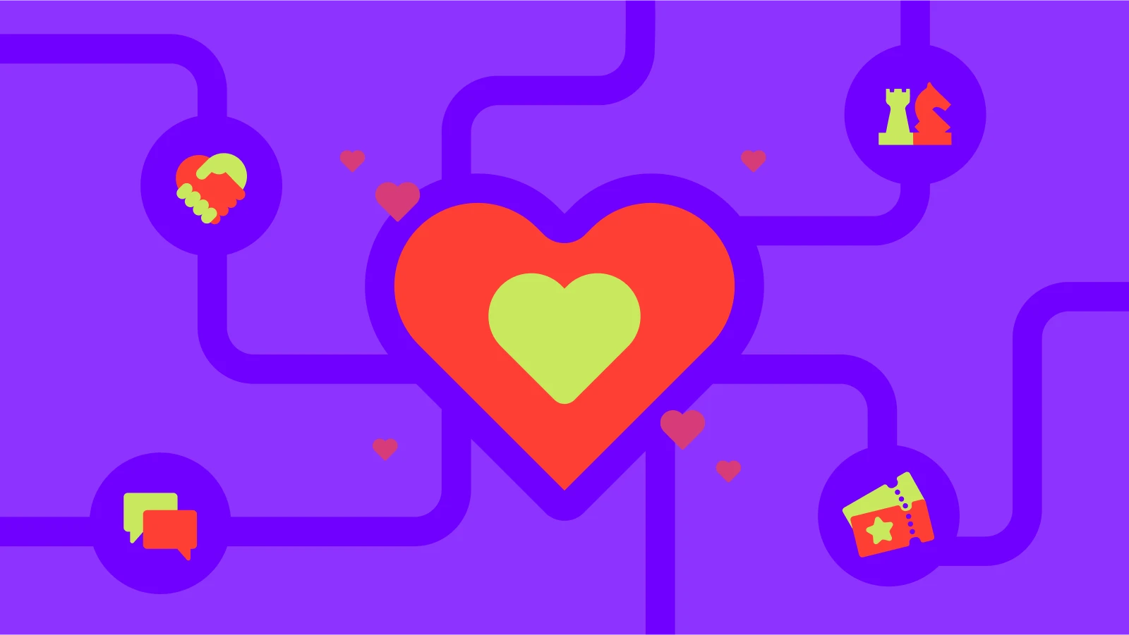 Large red heart with green center connected by lines to icons of communication, trust, and activities, symbolizing relationship goals