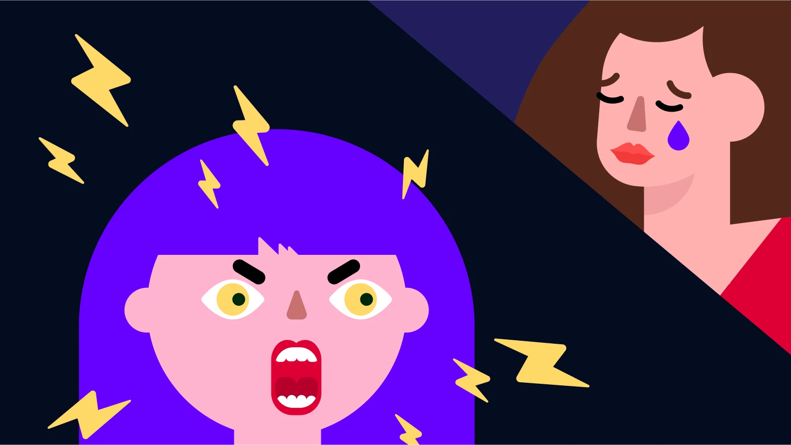 Cartoon angry woman with purple hair and lightning bolts beside a sad crying girl, from All the Ugly and Wonderful Things review