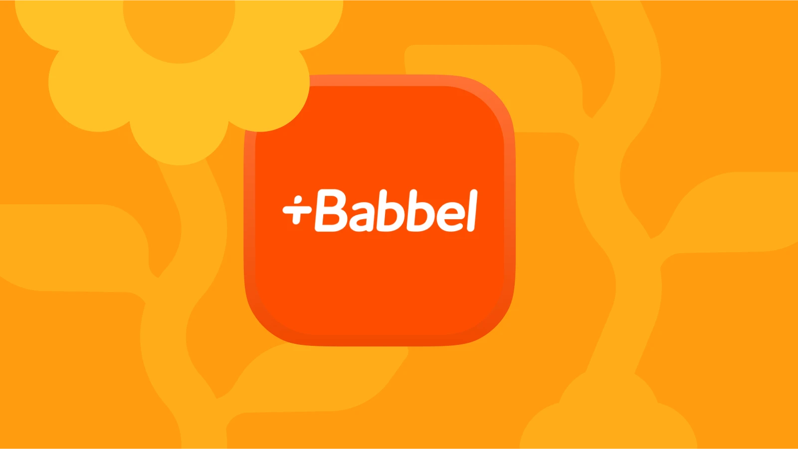 Babbel app logo in red with white text on an orange patterned background, featured among top self-improvement apps for learning languages