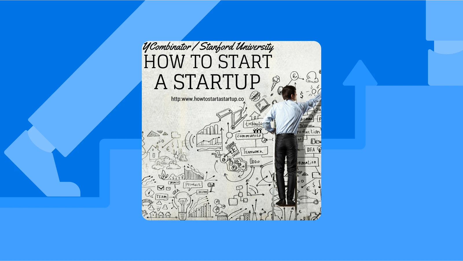 How to Start a Startup podcast cover with sketches of business ideas on a blue background with a leg going upstairs and an arrow pointing upward, representing entrepreneurship podcasts