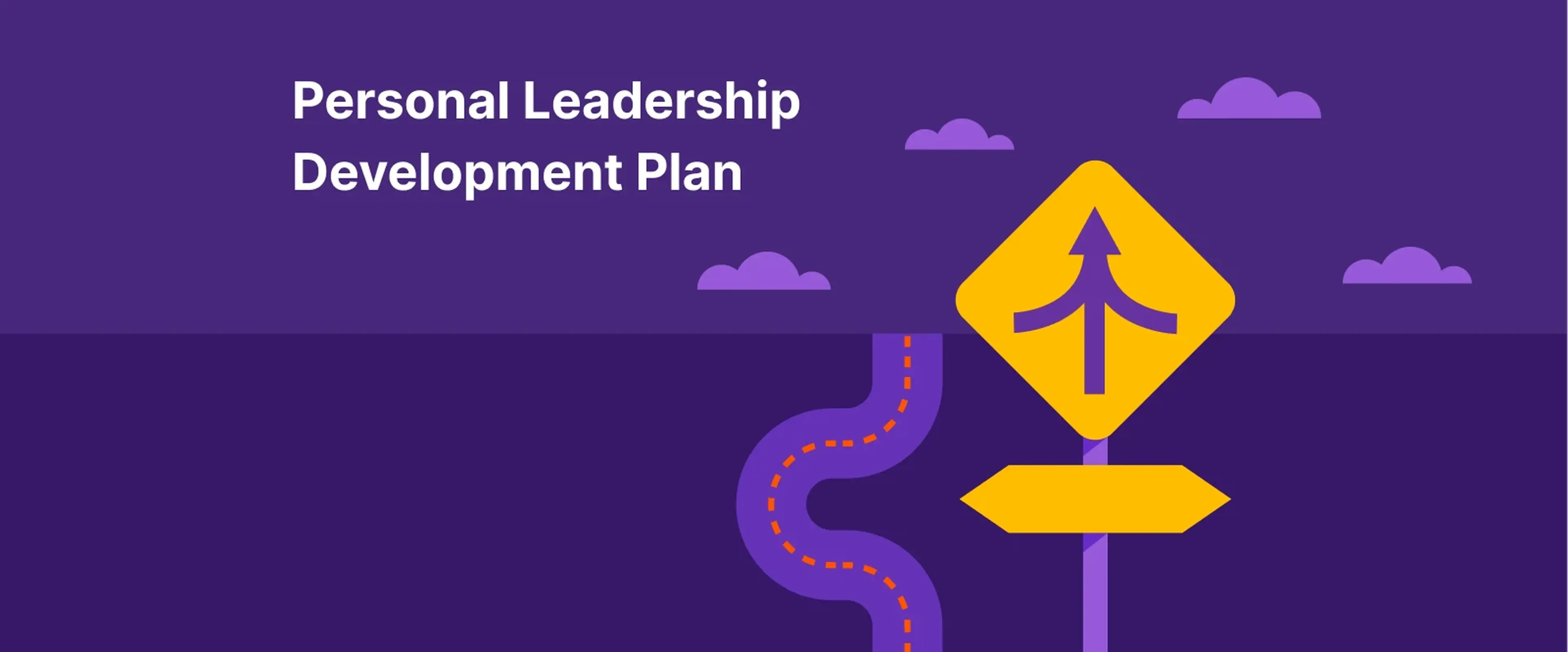 Purple banner with winding road illustration and yellow directional sign for personal leadership development plan