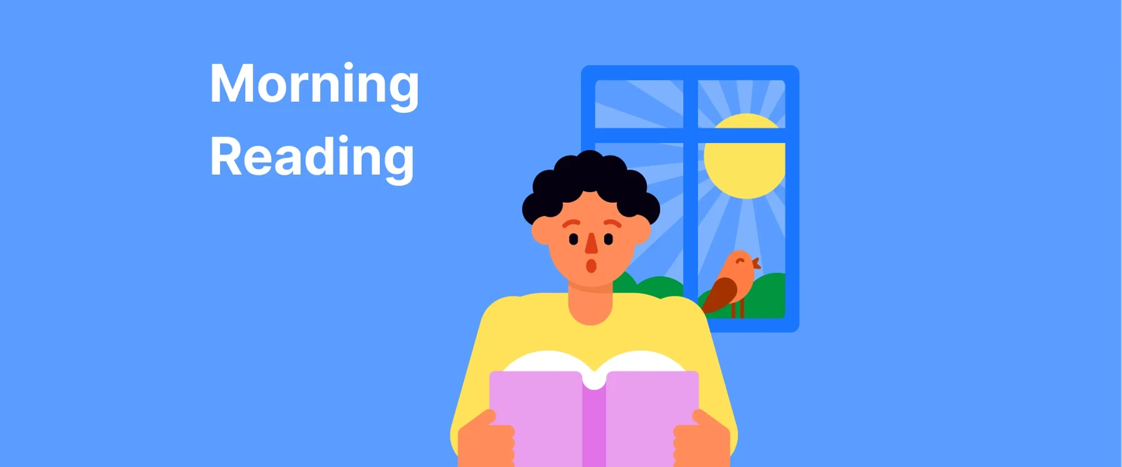 Illustrated person reading a pink book by a sunny window with a bird, on a blue background, promoting a morning reading self-care routine