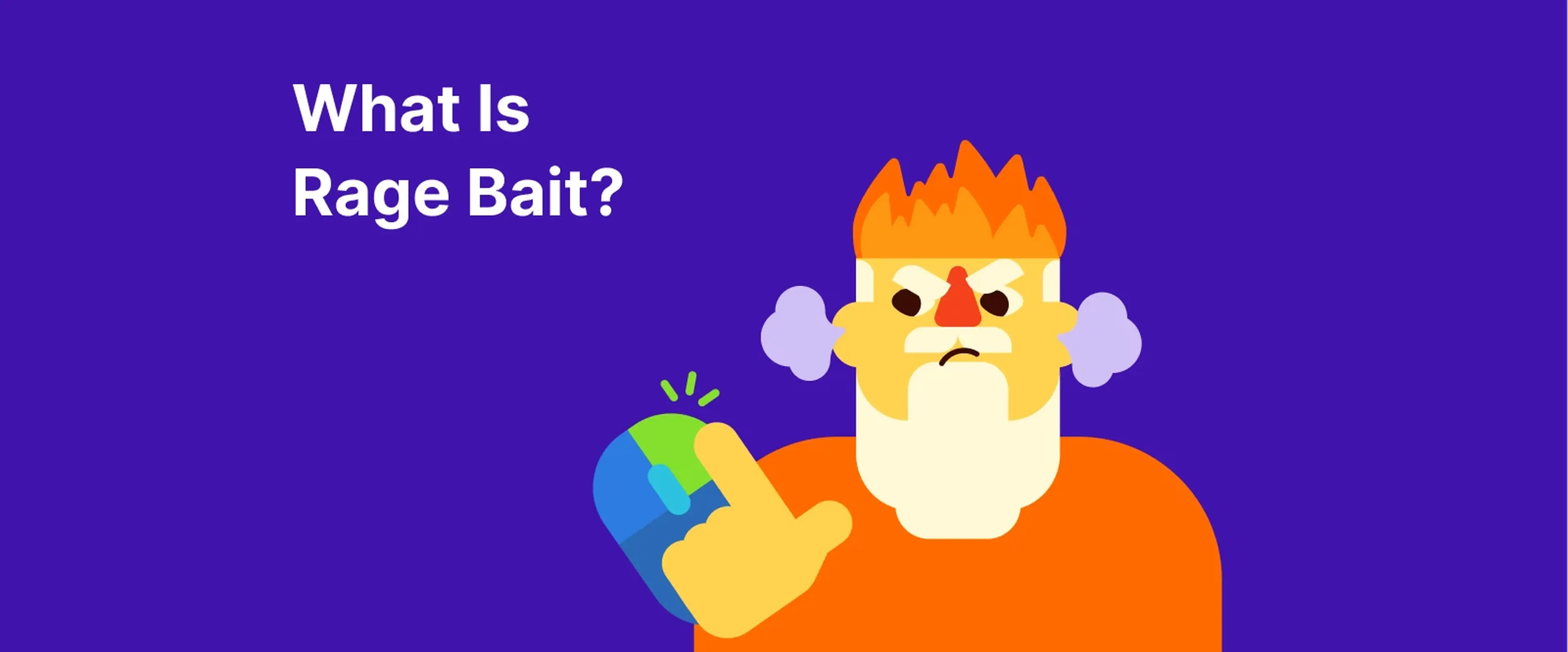 Cartoon character with orange flame hair and beard showing rage bait concept while angrily holding a computer mouse on purple background