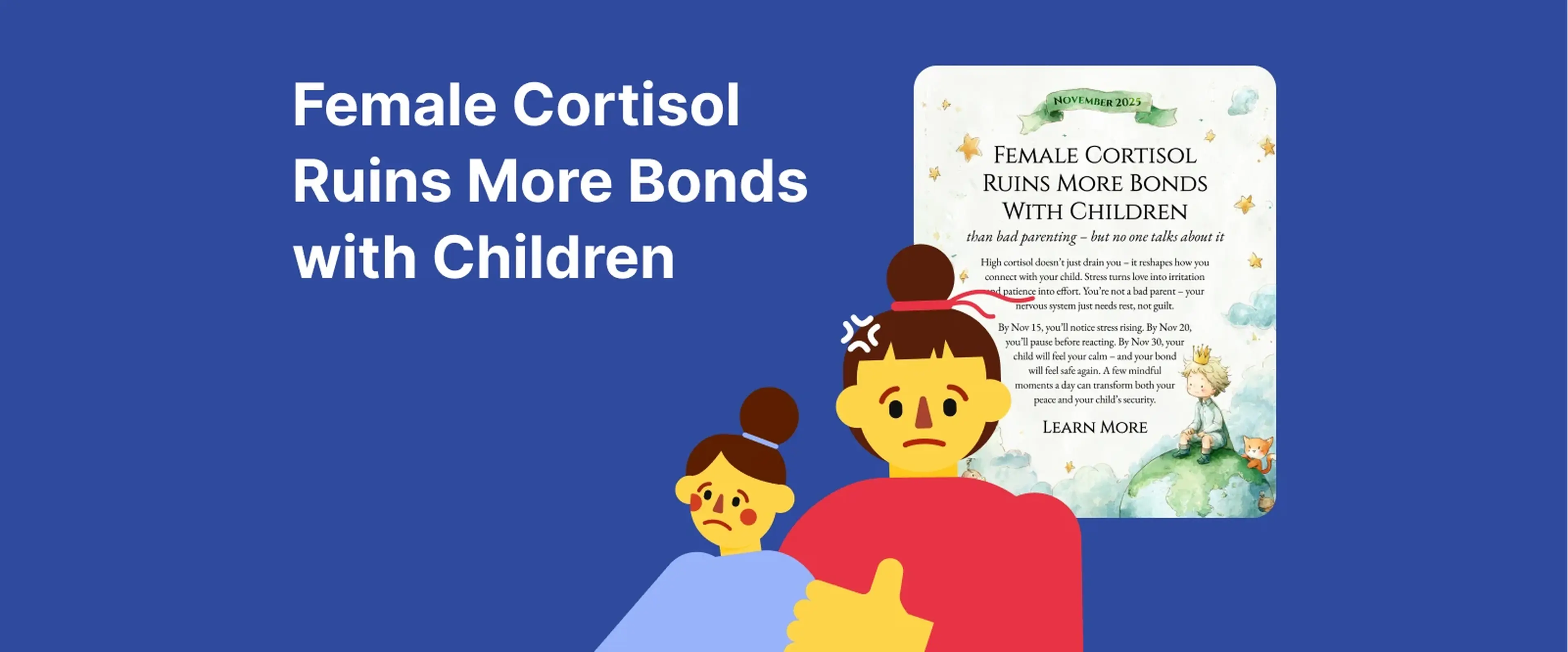 Worried mother in red shirt with concerned child showing stress response on blue background with cortisol article card