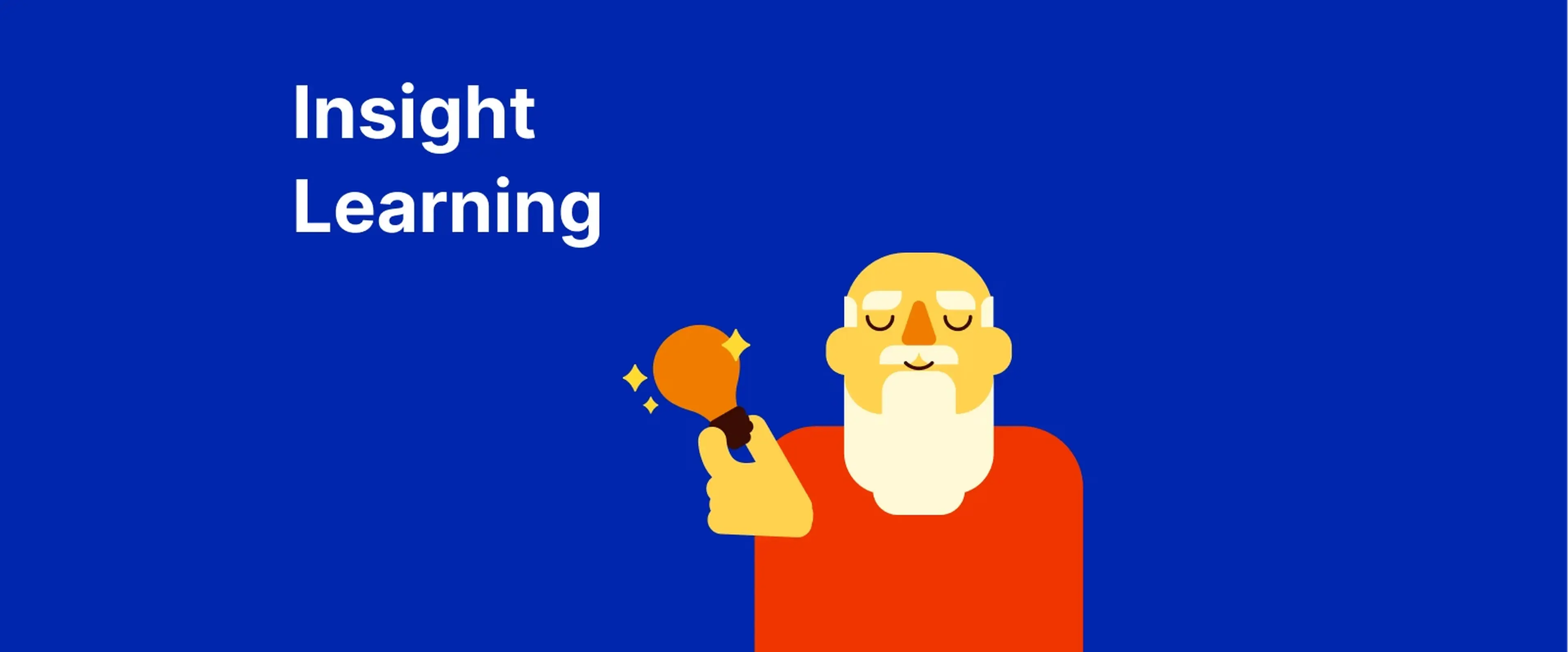 Bearded character holding bright red lightbulb on orange background representing insight learning aha! moment concept