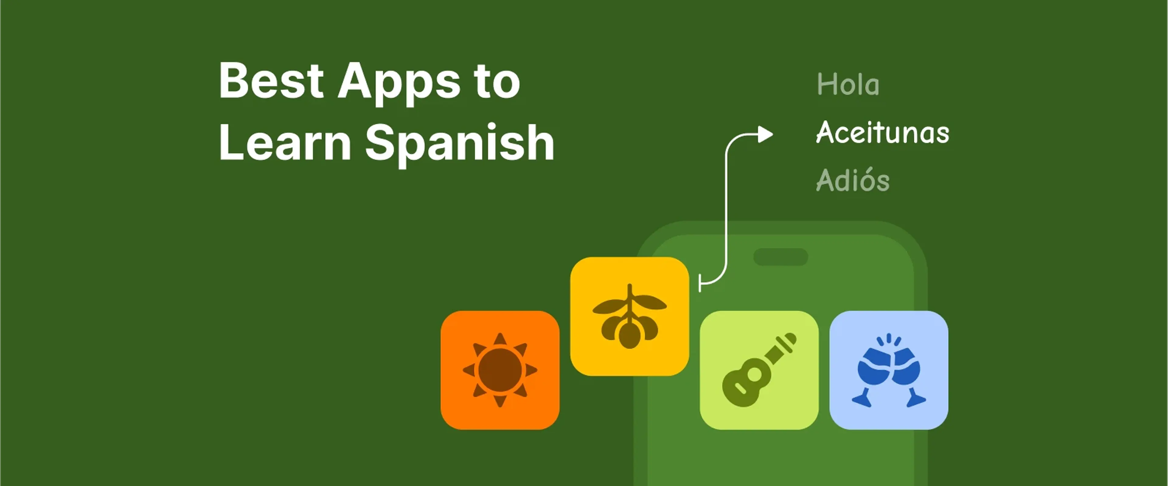 colorful app icons with symbols like sun, olives, guitar, and celebration on a green background, representing best apps to learn spanish