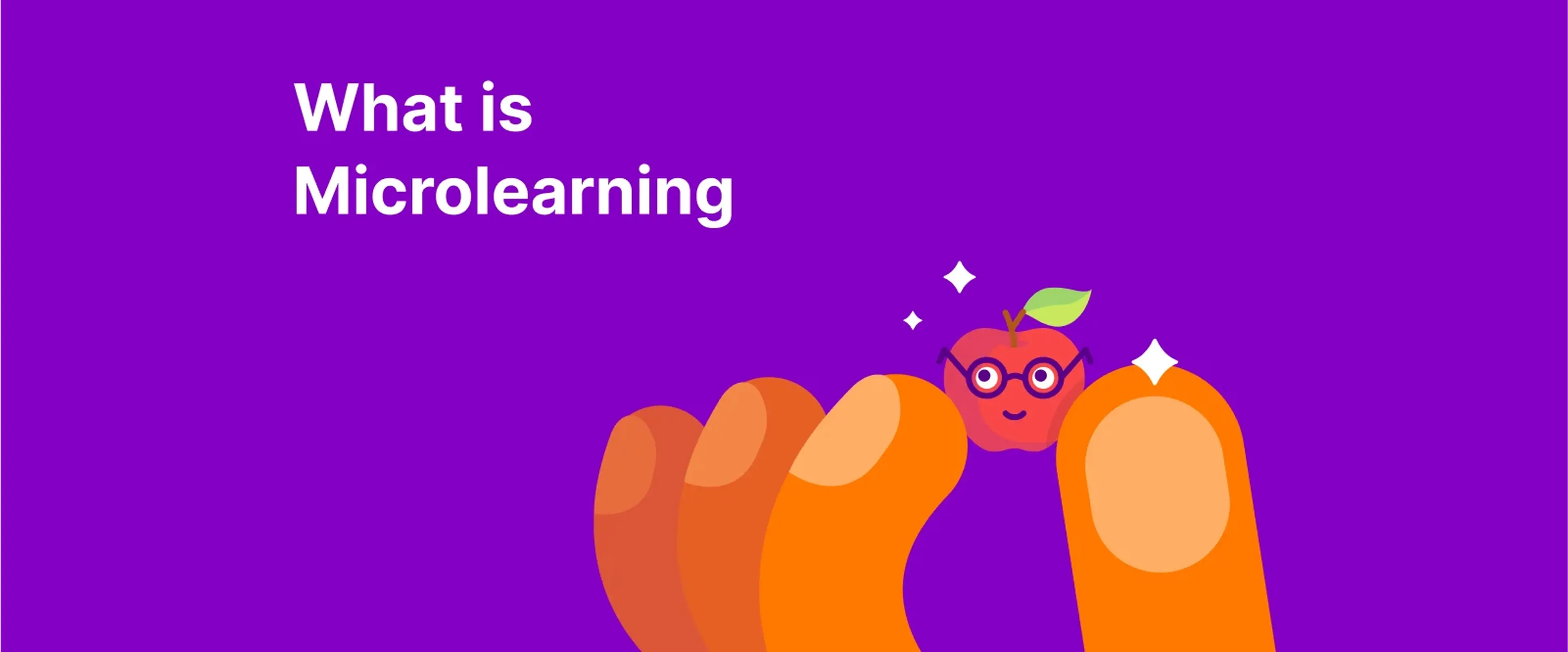 fingers holding a tiny red apple with sparkles on a purple background, symbolizing what microlearning is in small bites