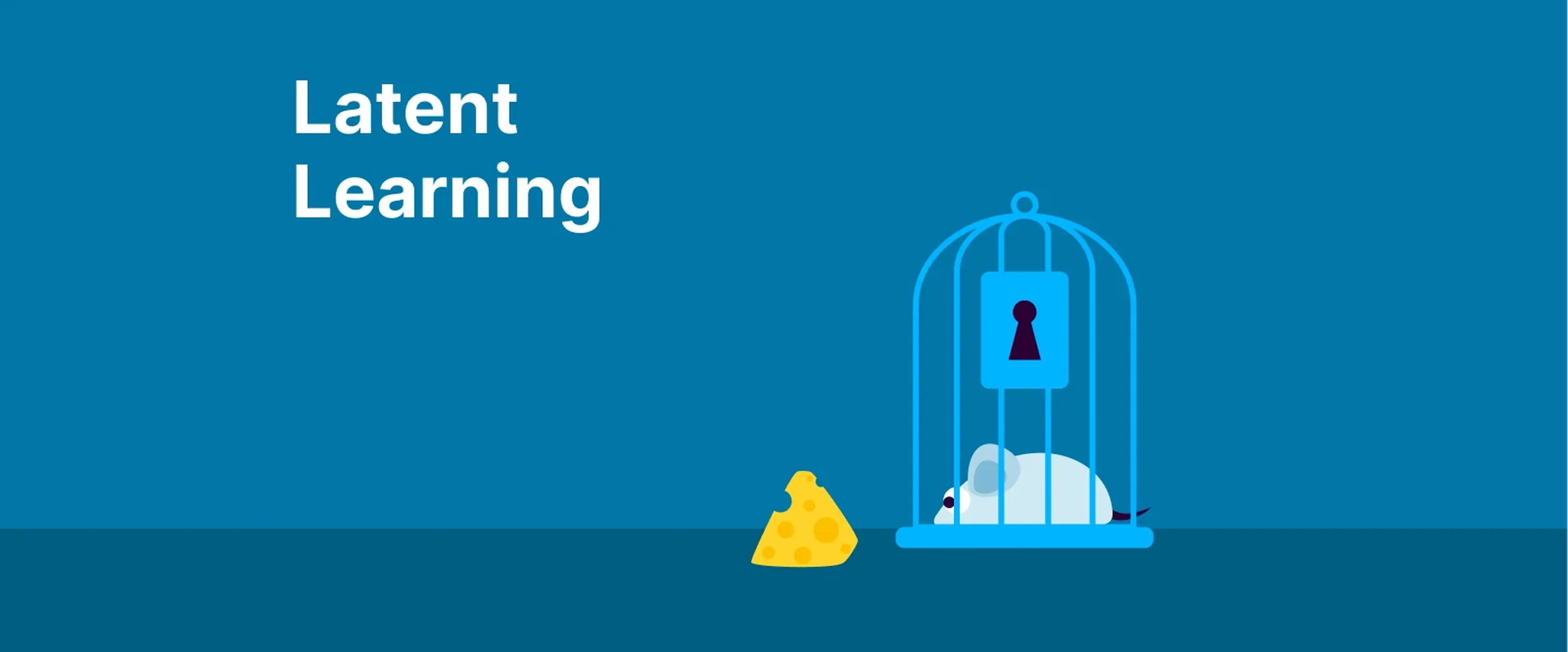 Latent learning concept with birdcage containing keyhole and small figure beside yellow key on blue background