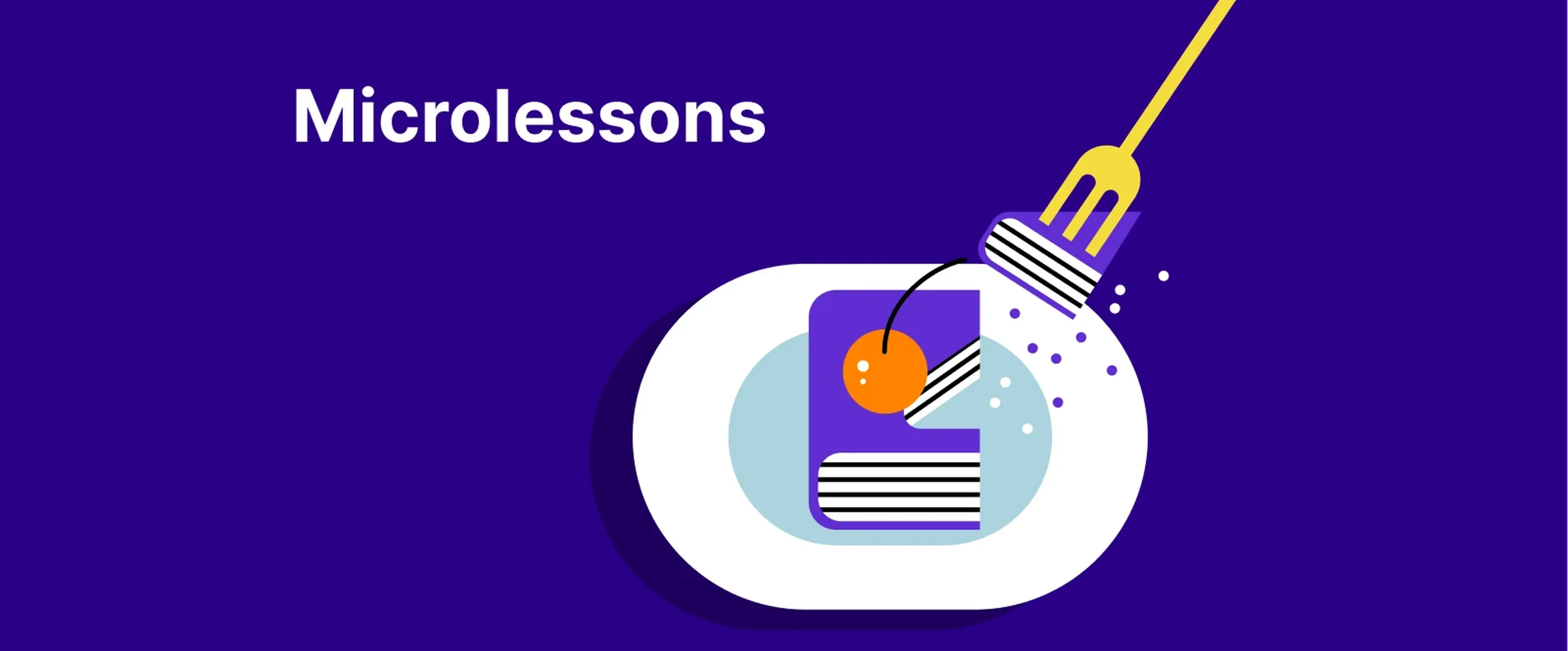 Purple banner with a fork lifting a glowing lightbulb illustration over a book on a plate, representing microlearning and cognitive load reduction in bite-sized knowledge