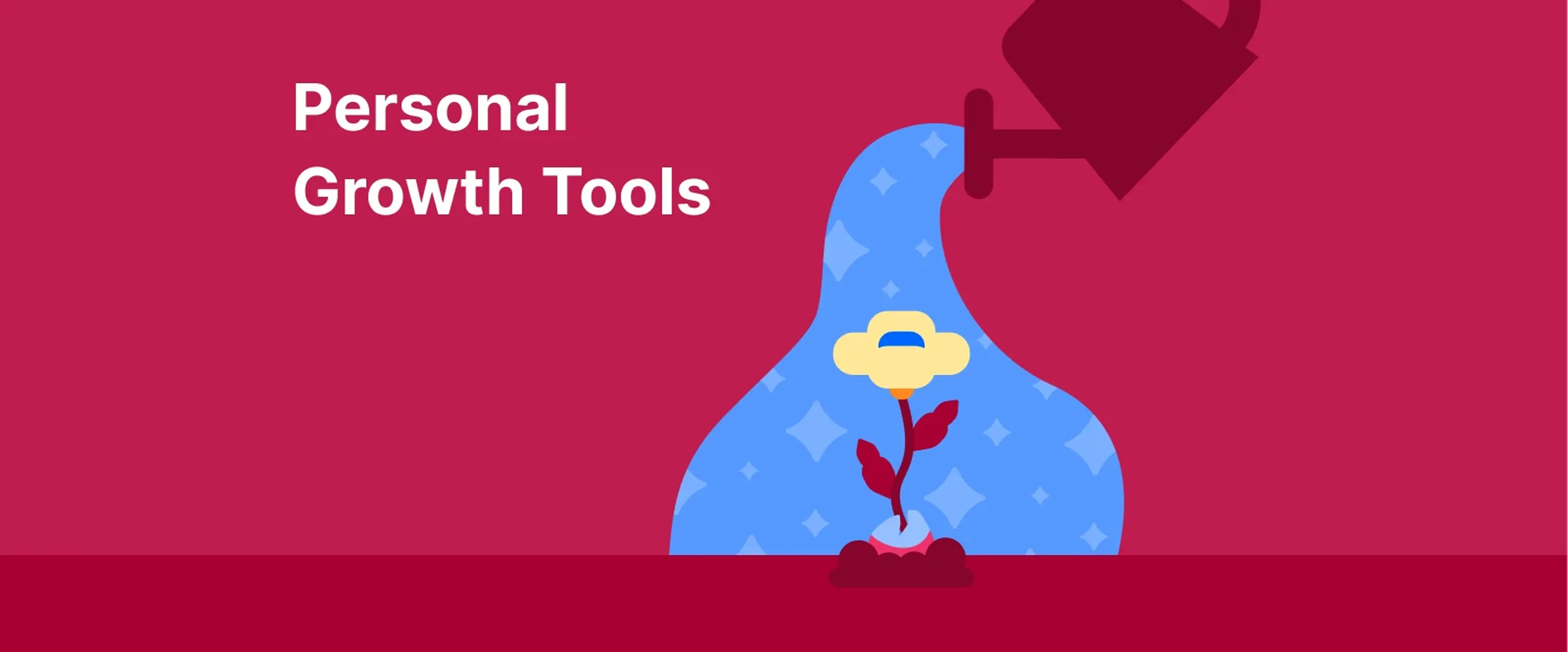 Blue watering can nurturing yellow flower on pink background, illustrating personal growth and self-improvement through consistent care