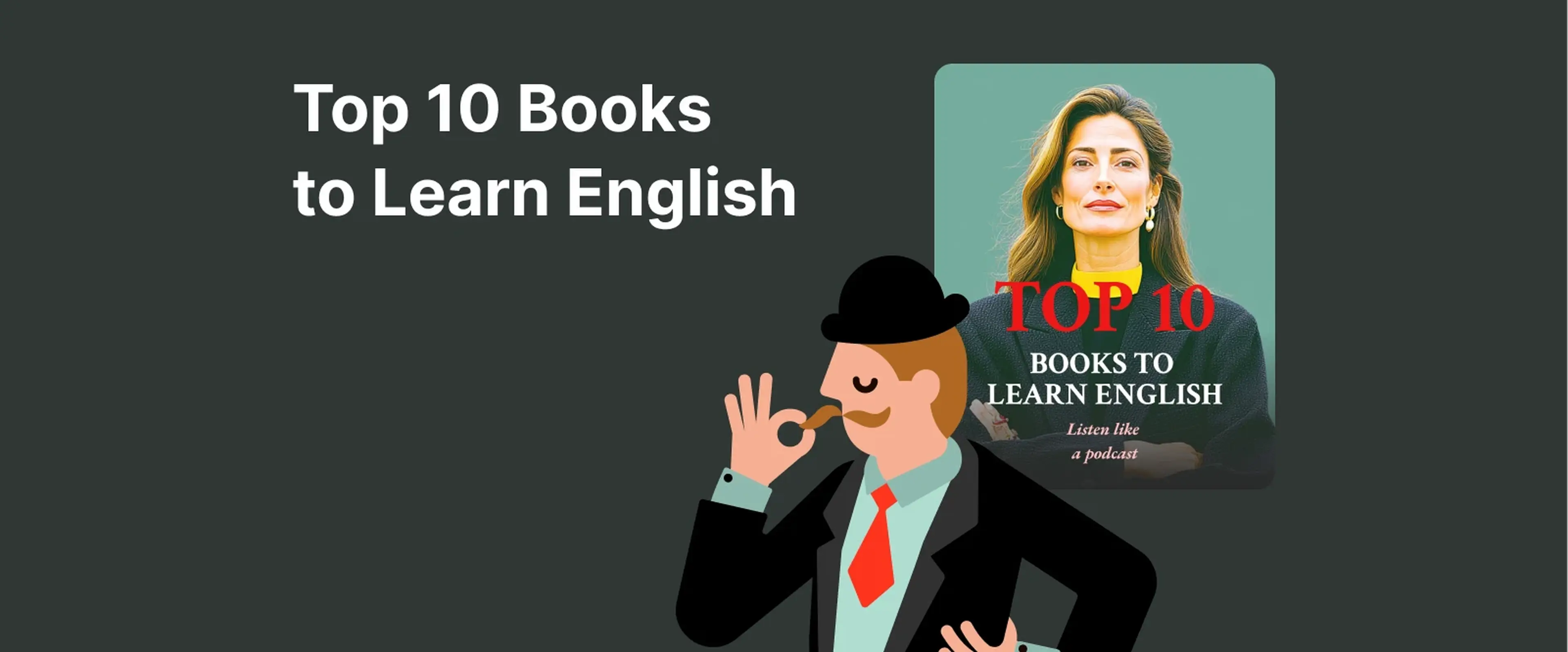Illustrated man in business attire making OK gesture next to book cover on dark background promoting top books to learn English