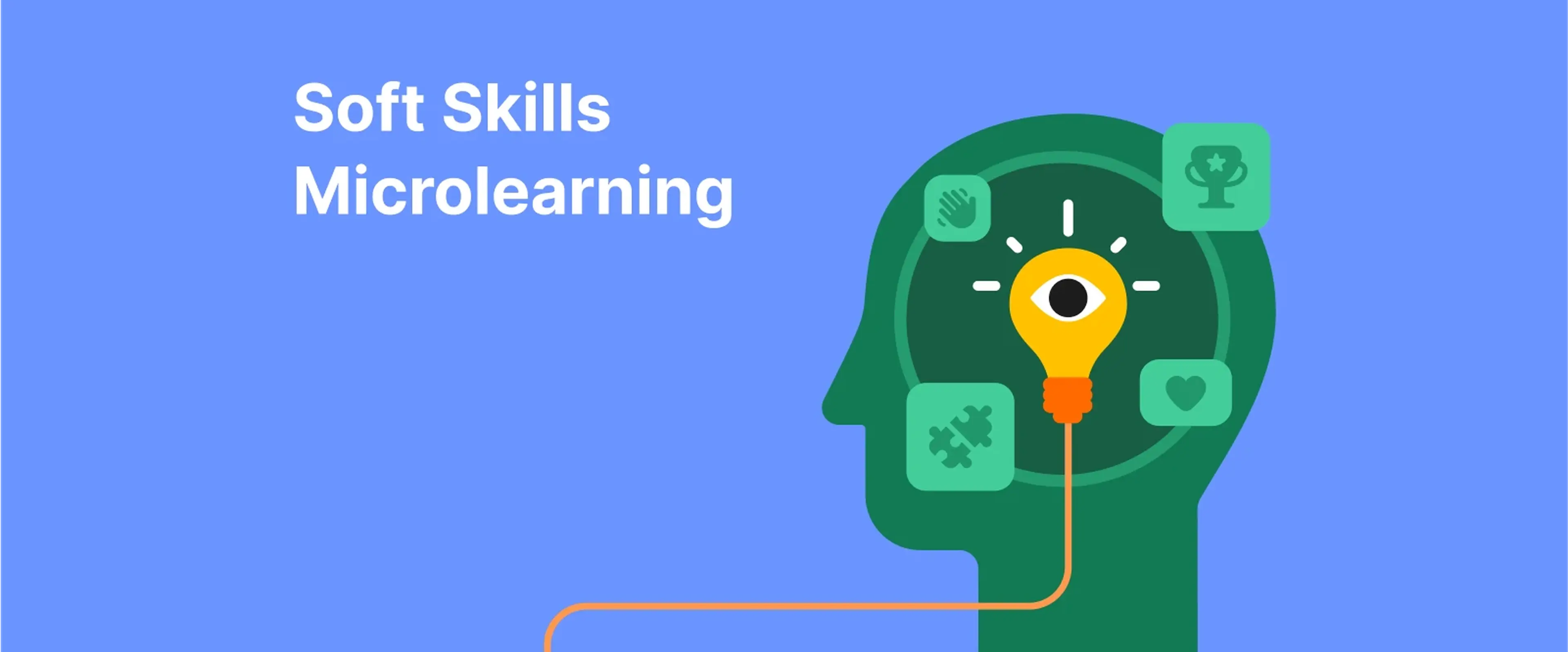 a human head profile with icons of communication, teamwork, and problem-solving around a glowing light bulb, symbolizing soft skills microlearning