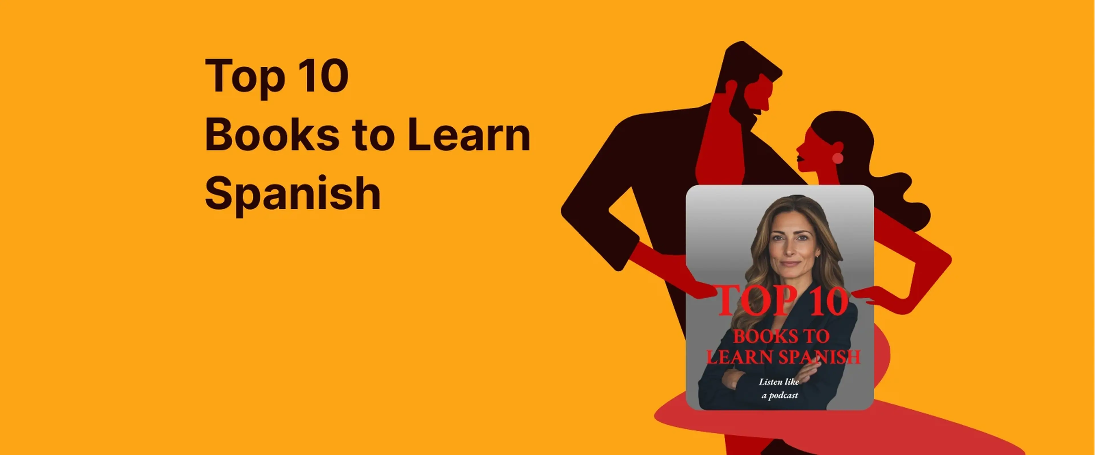 Two people silhouettes conversing on yellow background with Spanish learning book cover for beginners