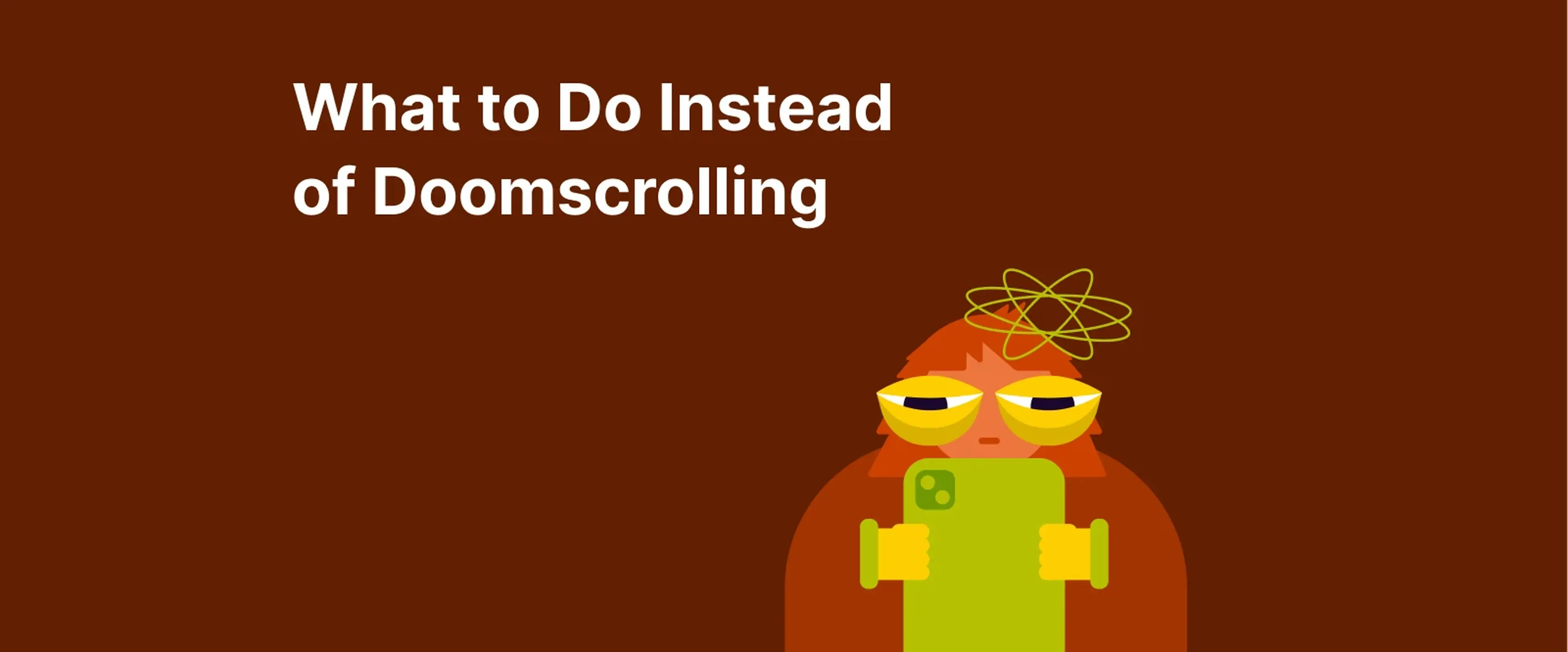 Cartoon owl character with stressed expression wearing green shirt on dark brown background representing doomscrolling