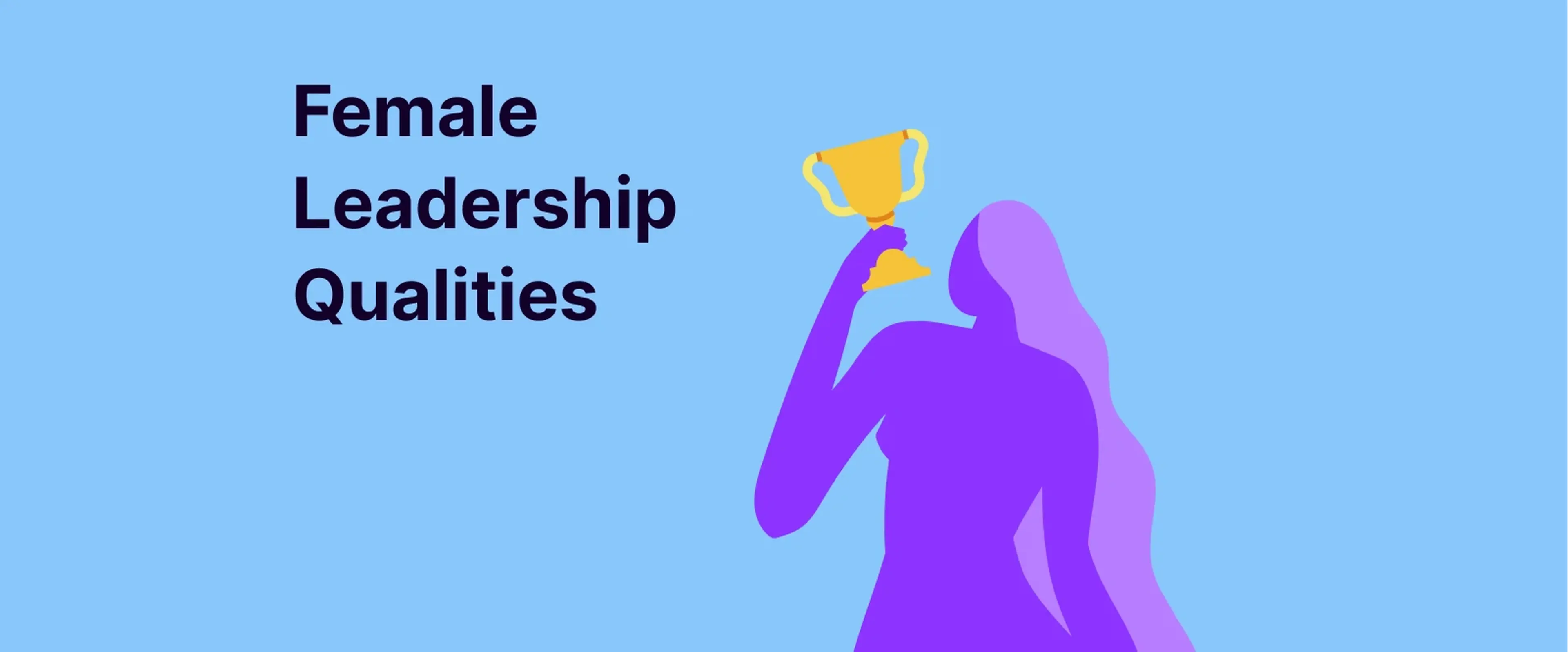 Purple silhouette of woman holding golden trophy on light blue background representing female leadership qualities and success