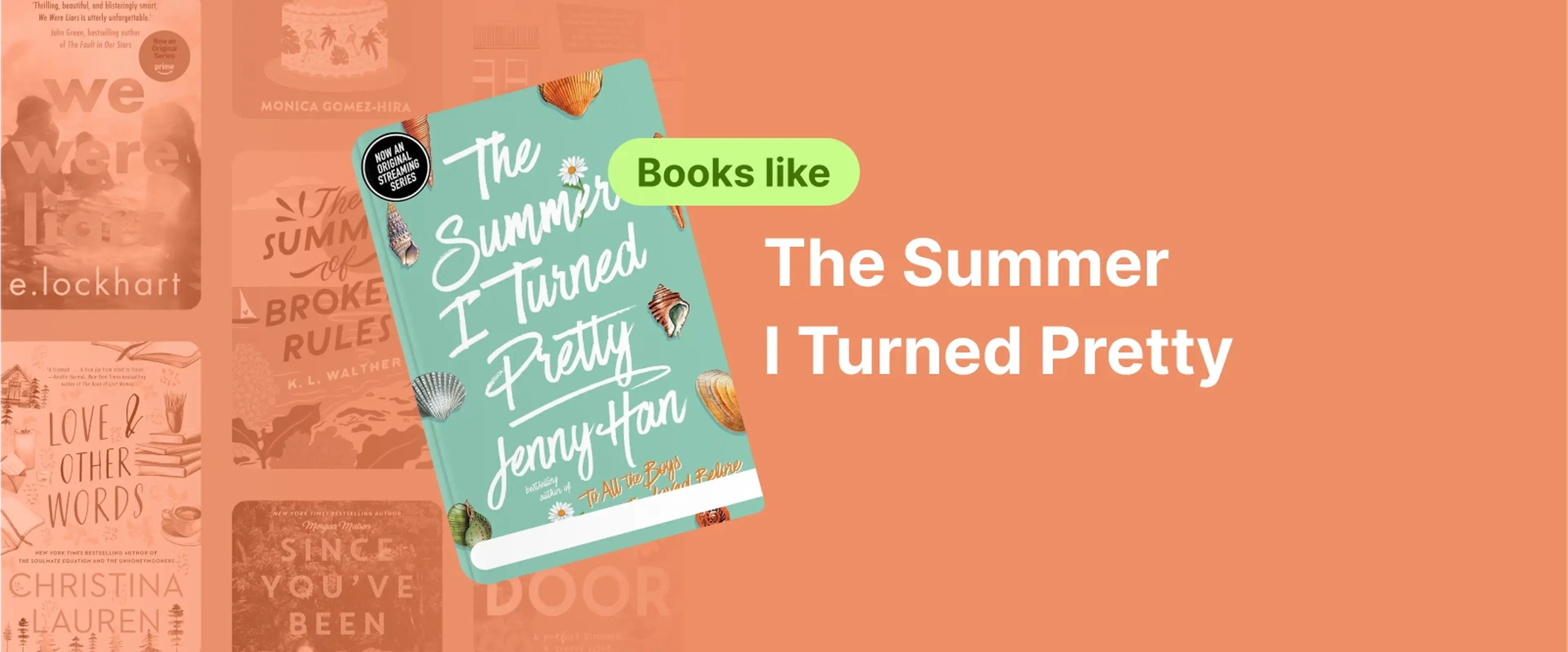 Book cover of the summer i turned pretty with shells and book covers at the background symbolizing books like the summer i turned pretty.webp Covers of since I've been gone, the summer of broken rules, love of other words on a bookshelf with a cartoon plant symbolizing similar books like the summer i turned pretty.webp