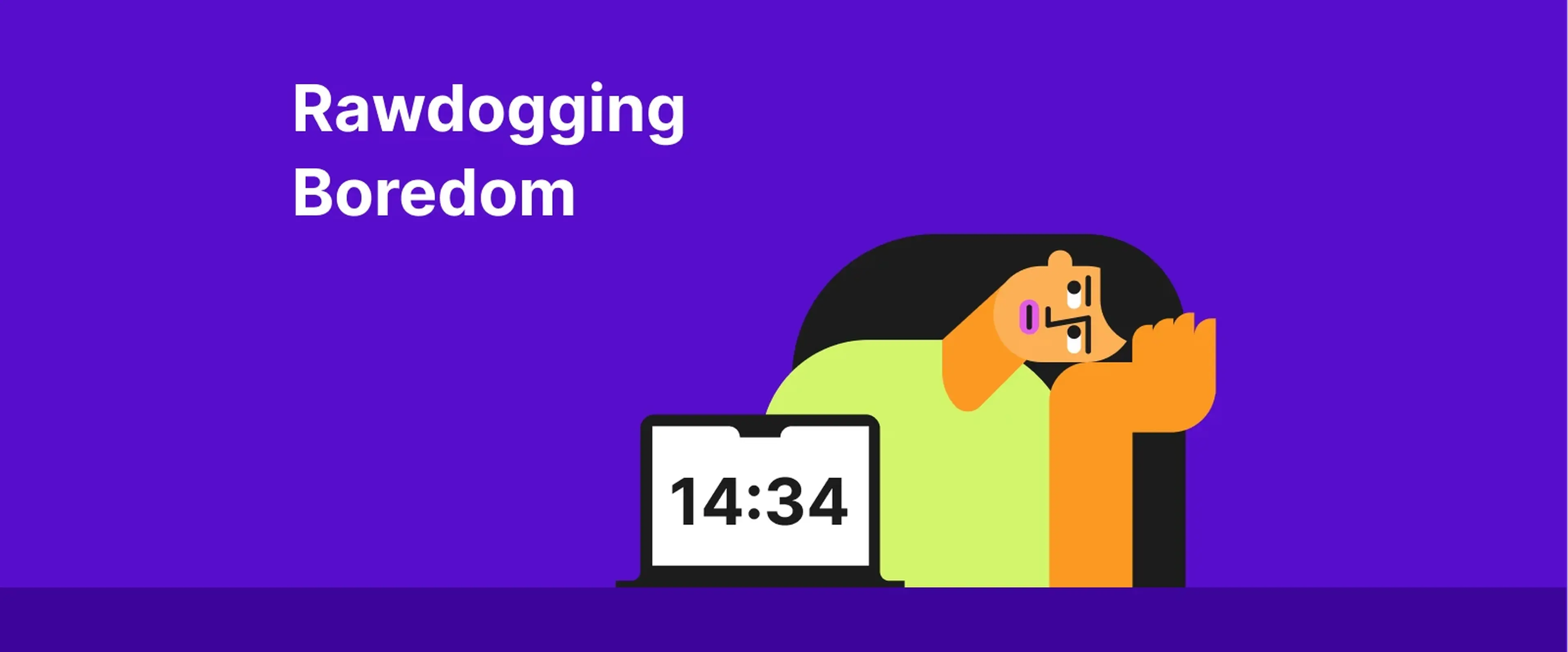 Person in orange shirt sitting with laptop displaying 14_34, illustrating rawdogging boredom TikTok trend on bright purple background