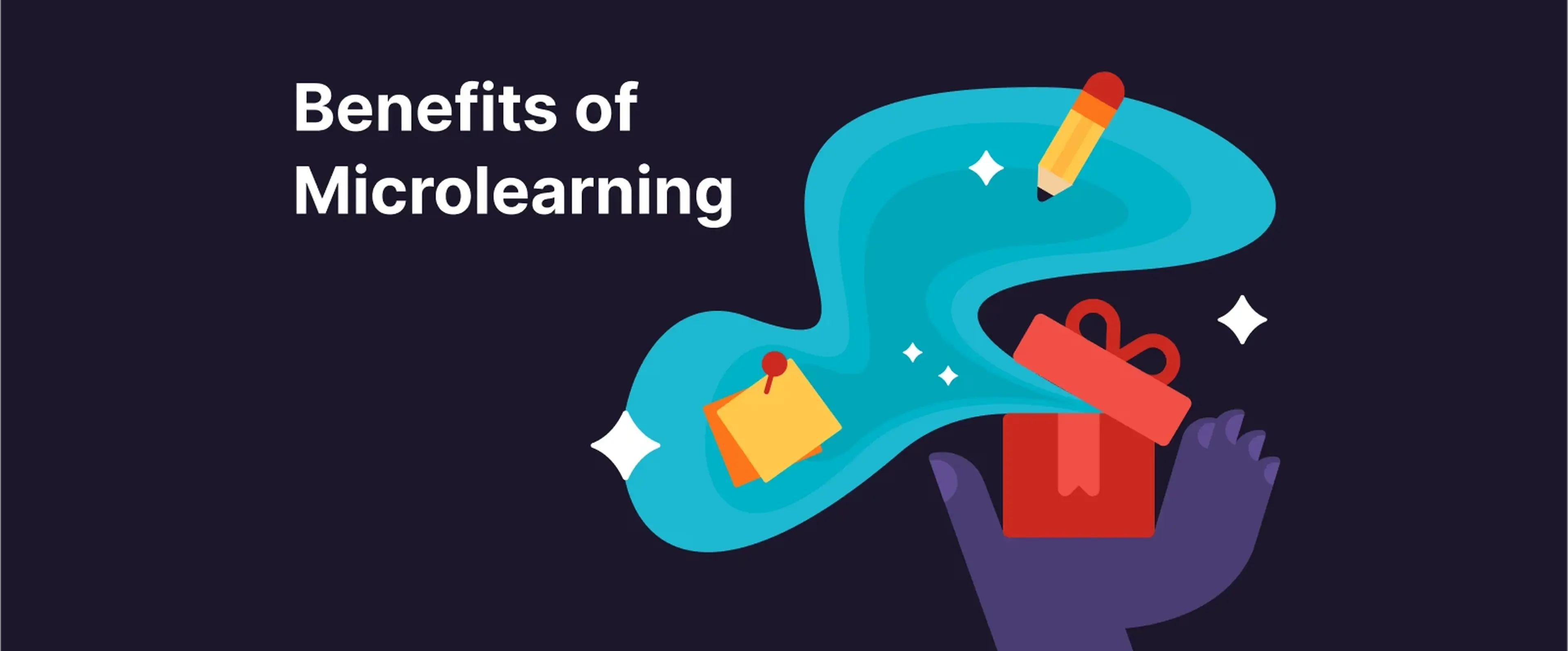 Benefits of Microlearning - Hand holding icons of a pencil, gift box, and notebook floating on a blue swirl