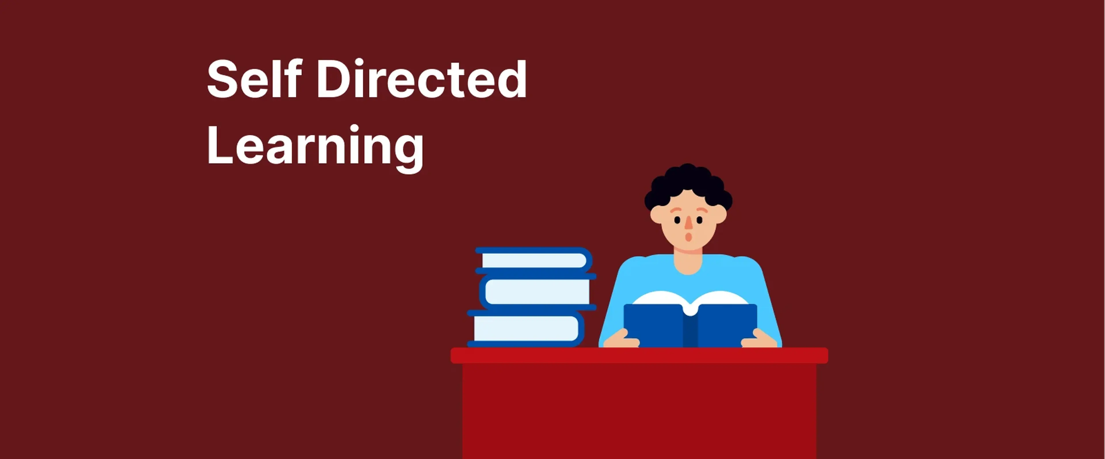 Illustrated learner studying at own pace with blue book and stack on desk, red background representing self-directed learning