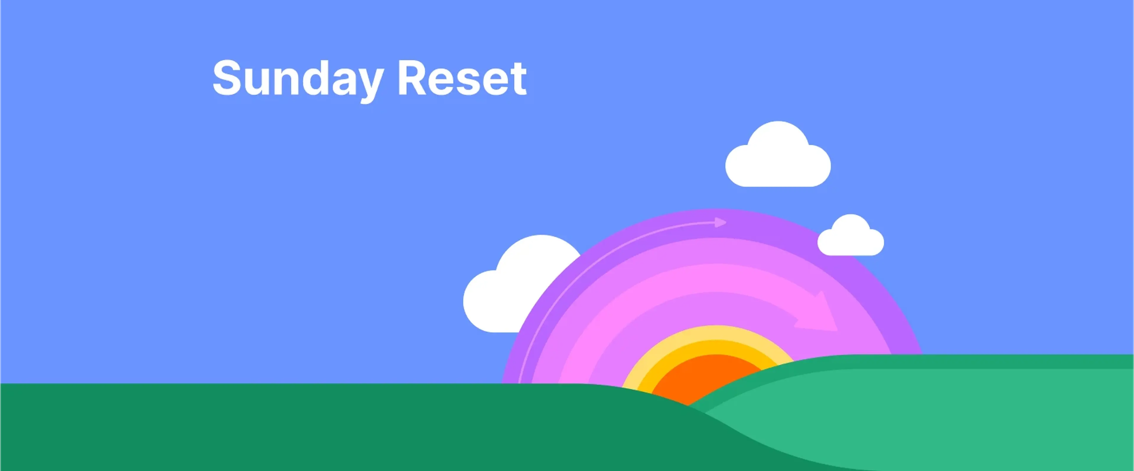 Bright sunrise with rainbow colors over green hills and text Sunday Reset, symbolizing a fresh weekly reset routine