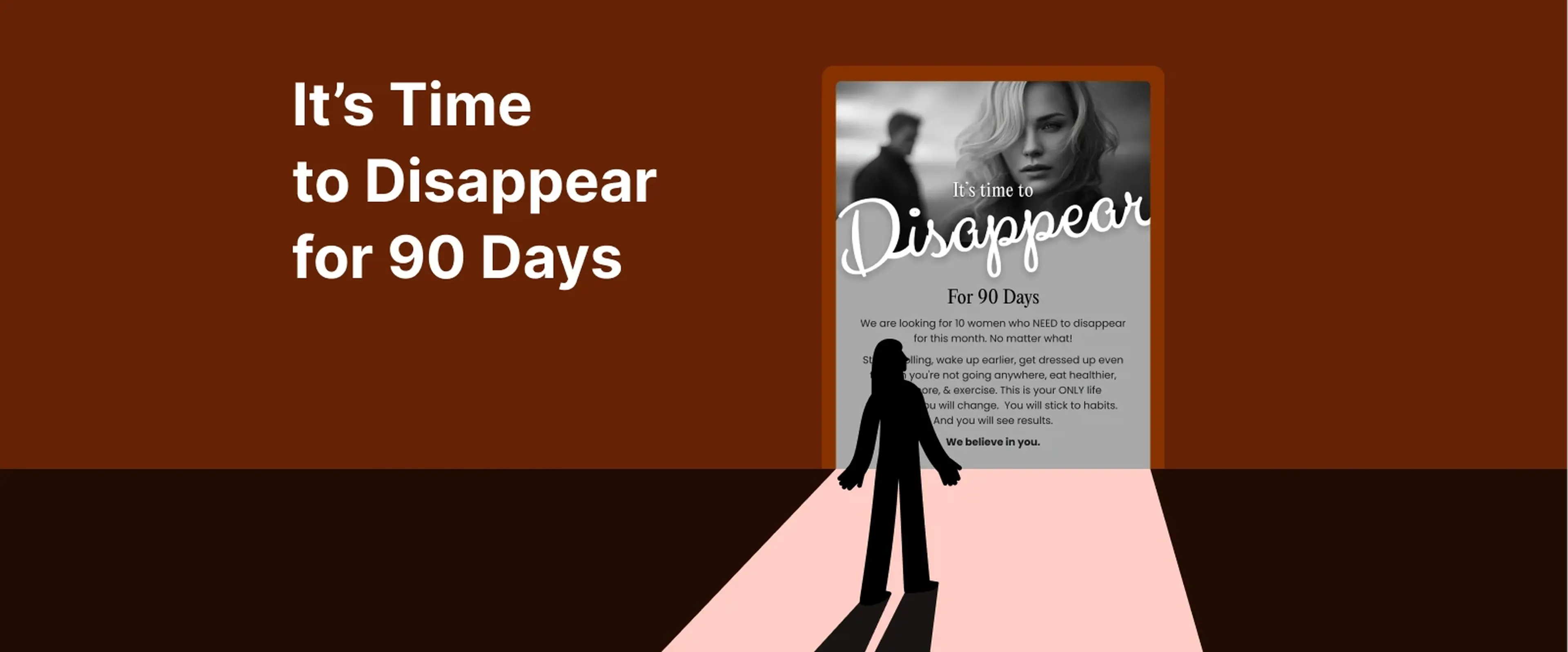 Promotional design for 90-day social media detox featuring silhouette of person on pink path with doors showing woman's face on brown background for mental health