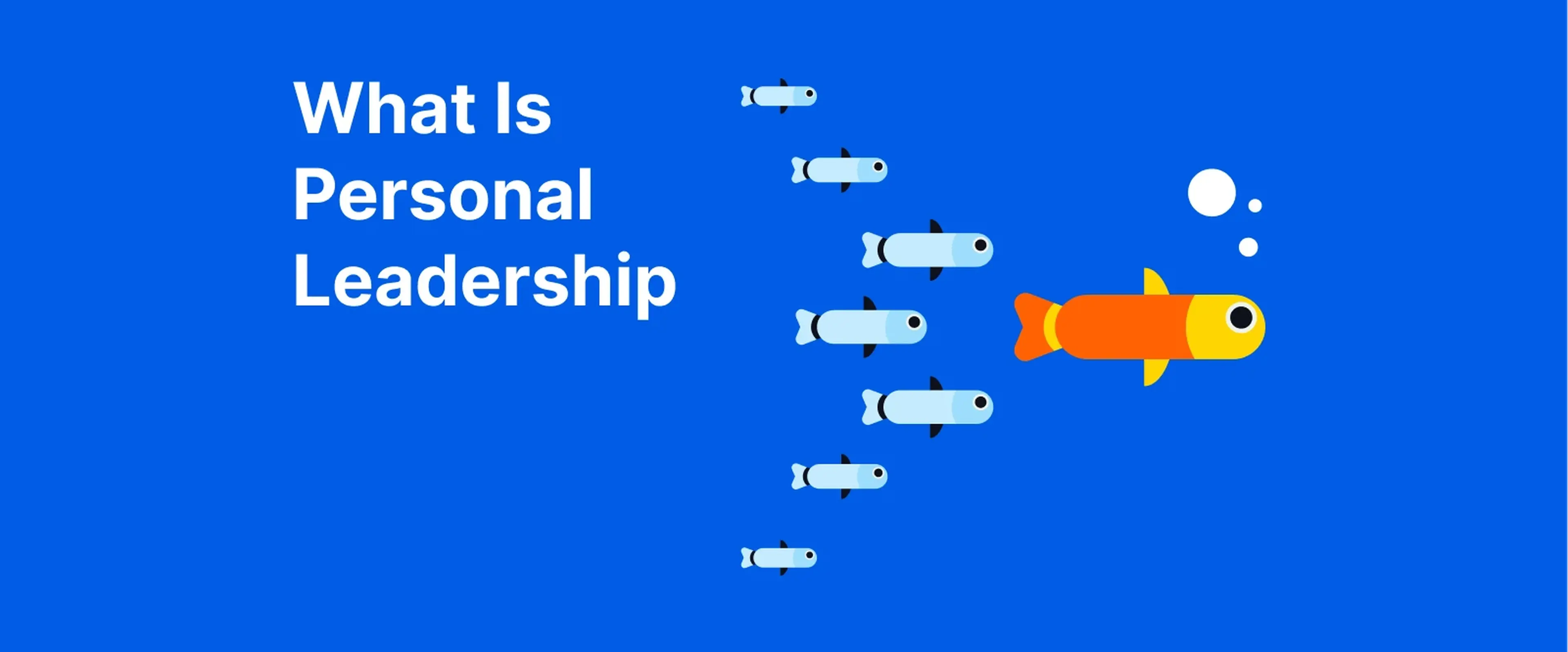 Yellow fish leading grey fish on bright blue background illustrating personal leadership concept