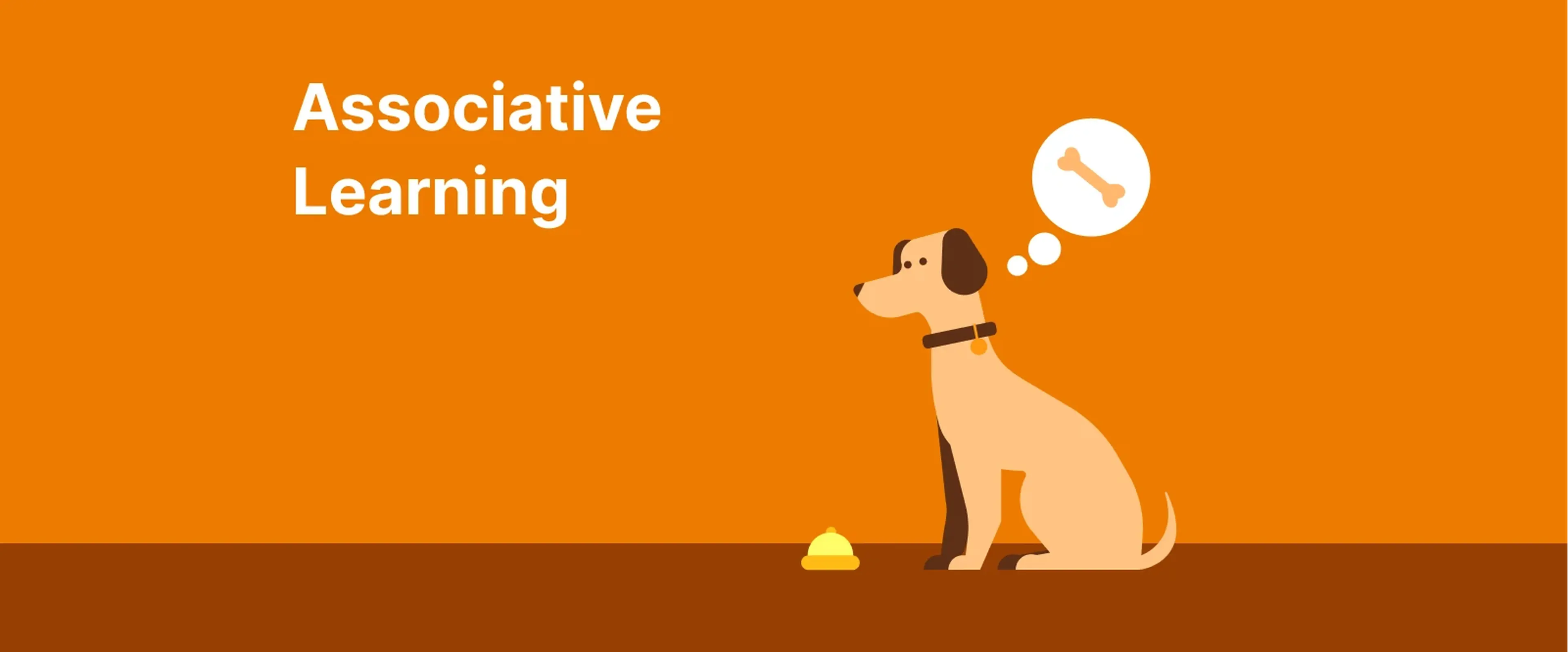 Associative learning illustration with dog thinking about bone on orange and brown background