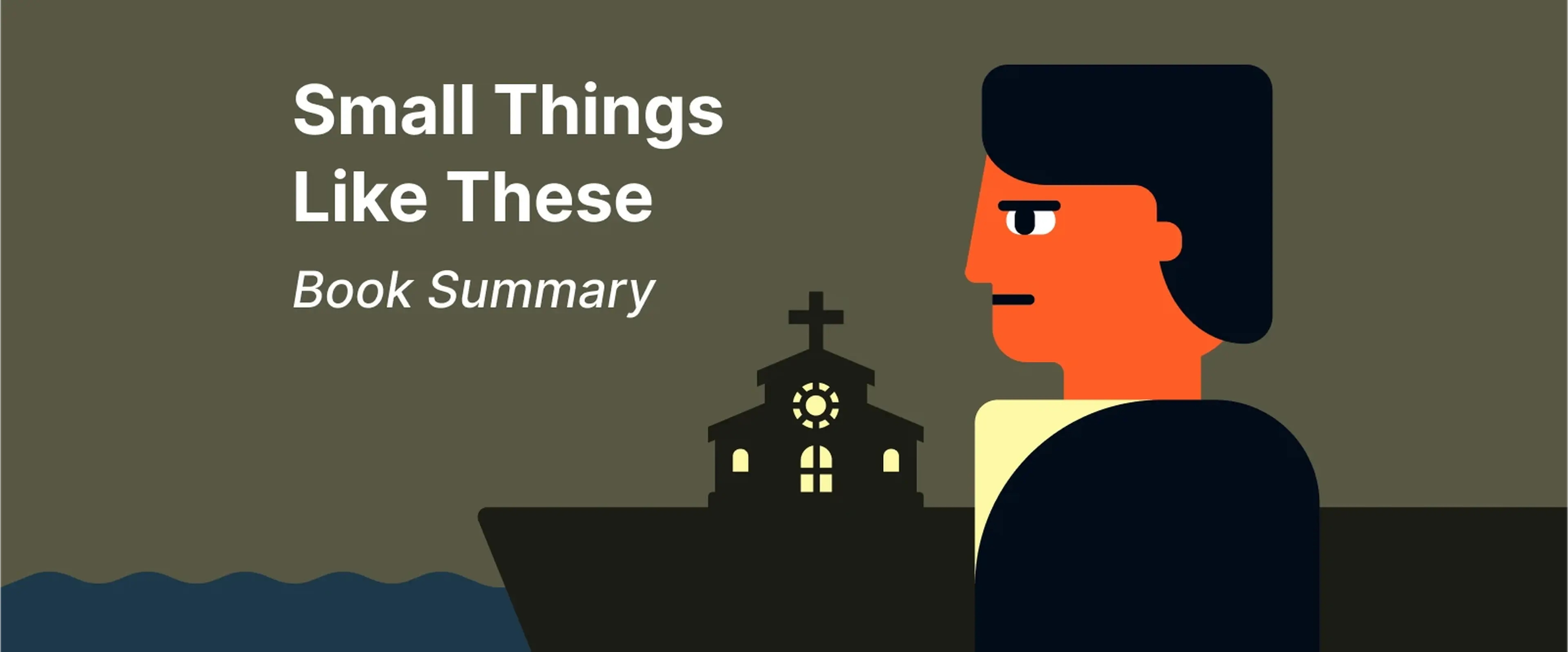 Cartoon figure of Bill Furlong from Small Things Like These with church in the background, symbolizing the moral lessons in the book