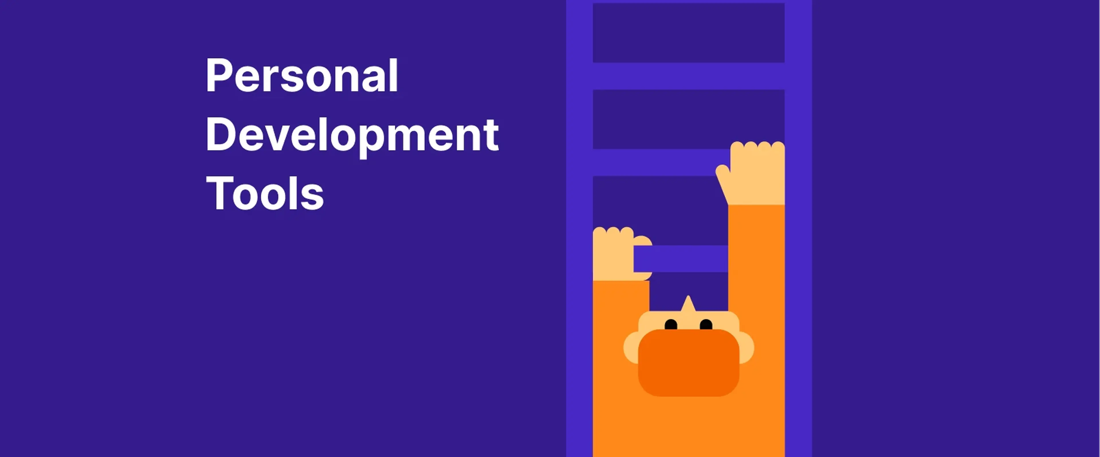 Orange character with raised arms celebrating personal development tools on purple grid background
