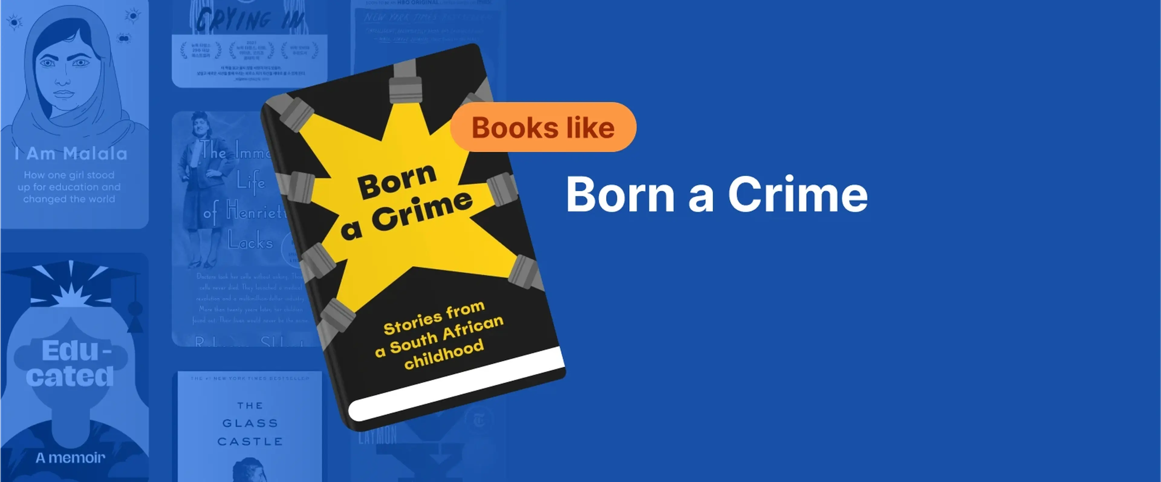 Book cover of Born a Crime book summary with flashlights symbolizing books like Born a Crime