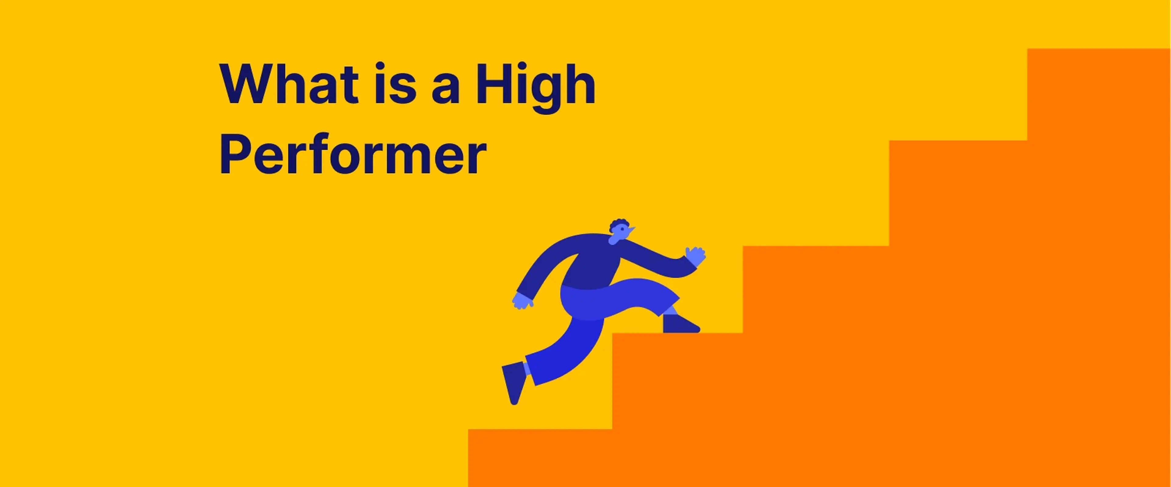 Blue figure running toward trophy on yellow-orange gradient background illustrating high performer concept in career development